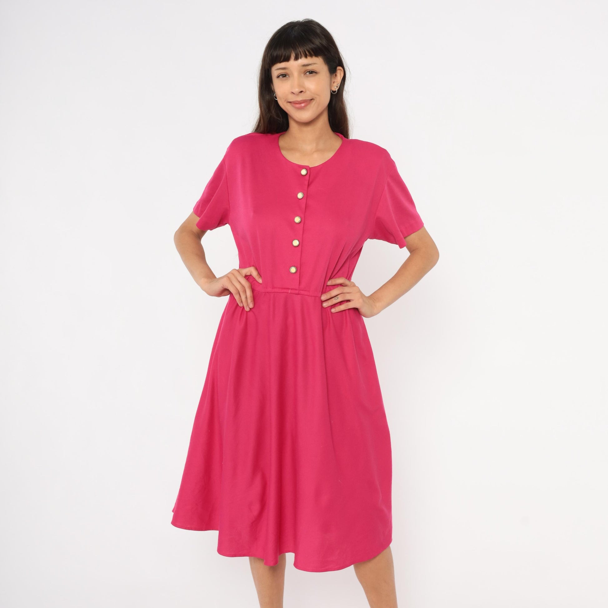 80s Fuchsia Button-Front Midi Dress Gold Buttons Gathered Waist Small