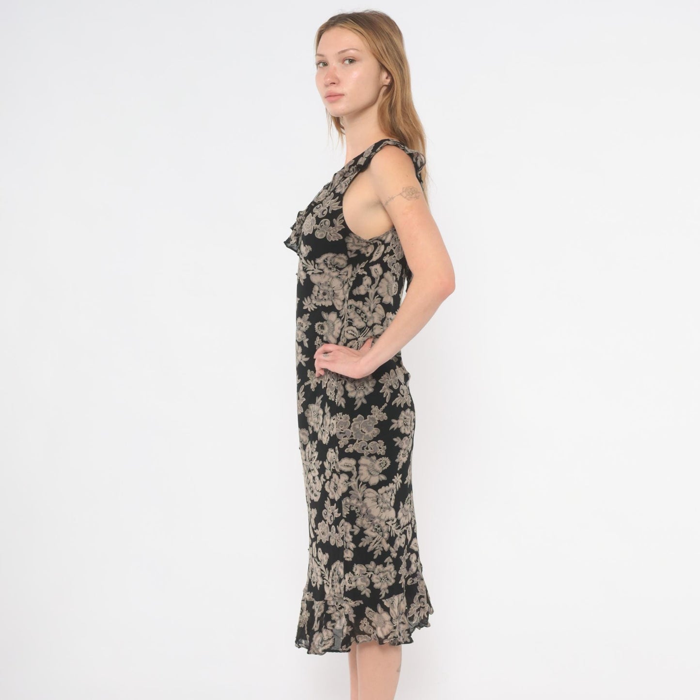 90s Black Grey Floral Midi Dress V-Neck Ruffle Chiffon Medium M