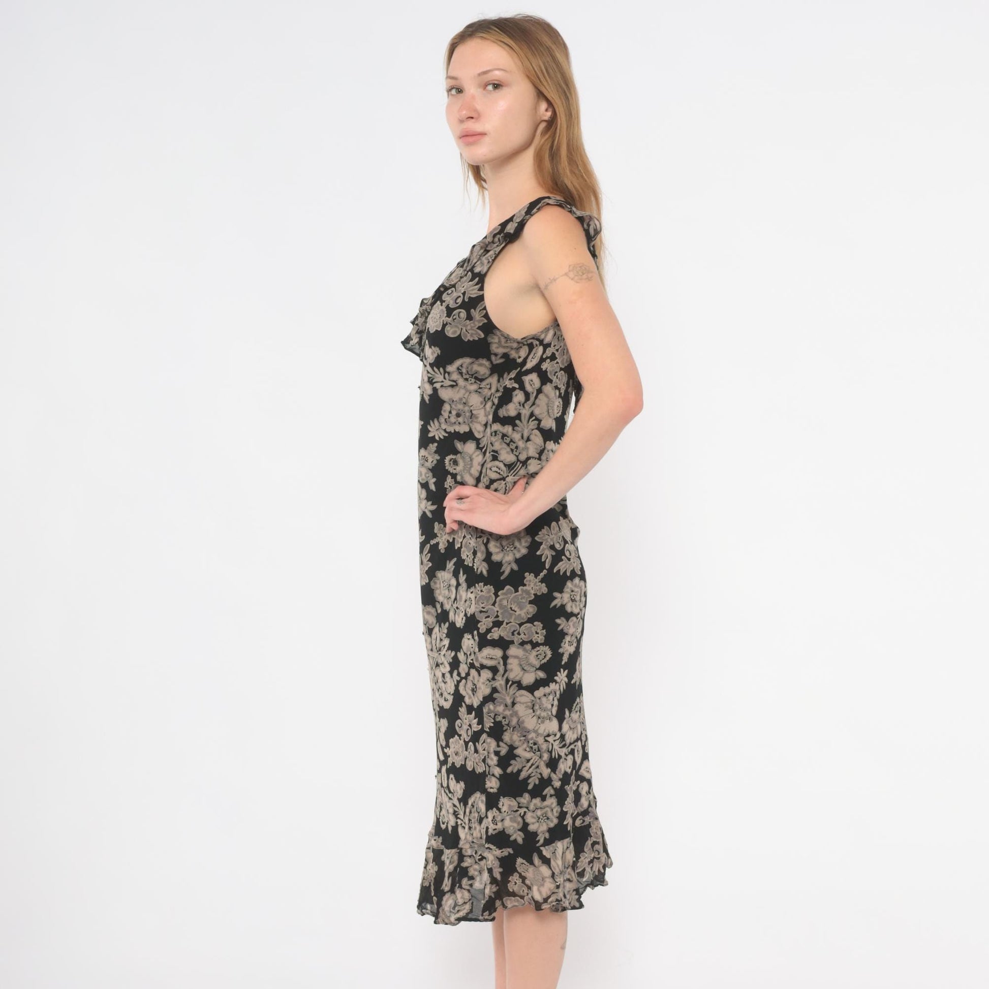 90s Black Grey Floral Midi Dress V-Neck Ruffle Chiffon Medium M