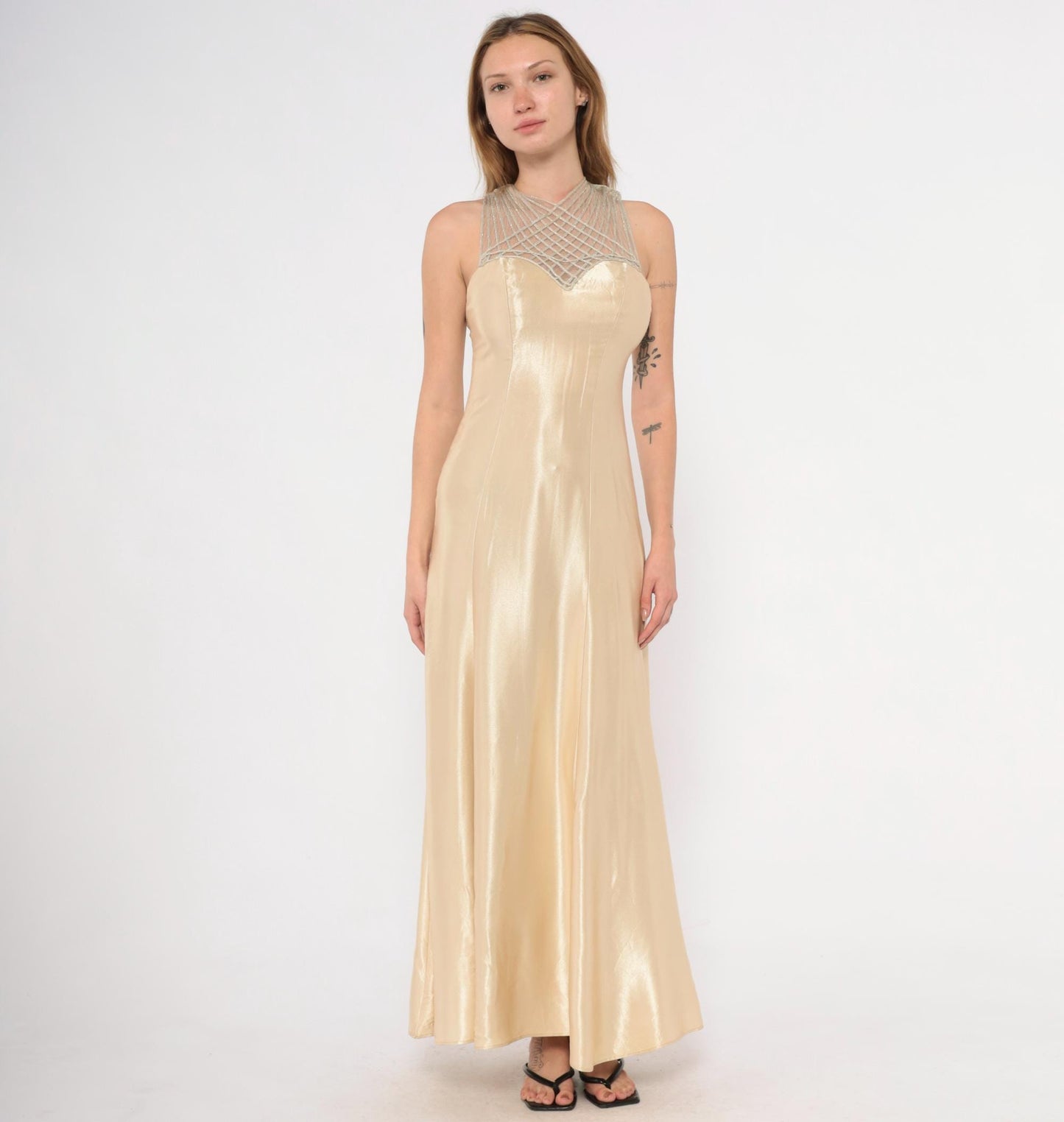 90s Champagne Satin Maxi Dress Criss Cross Straps Sweetheart Bodice Gold Evening Gown Extra Small XS