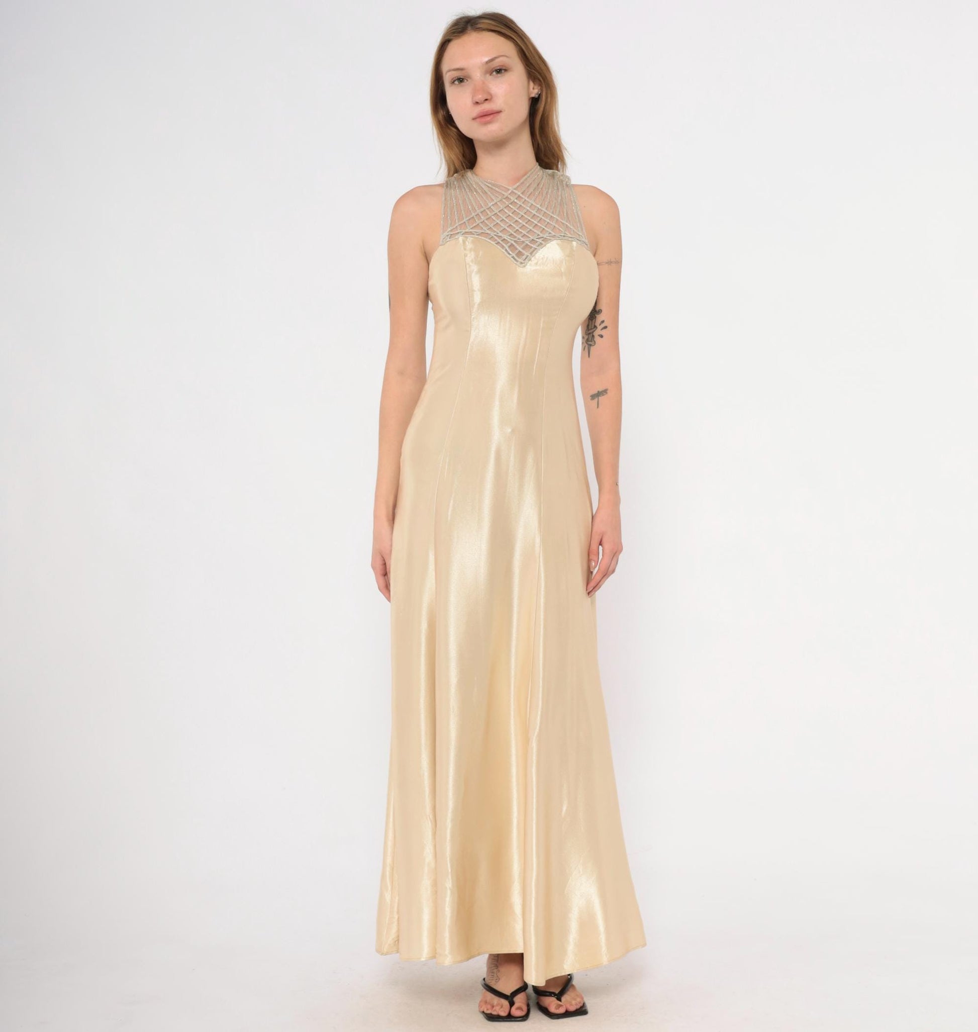 90s Champagne Satin Maxi Dress Criss Cross Straps Sweetheart Bodice Gold Evening Gown Extra Small XS
