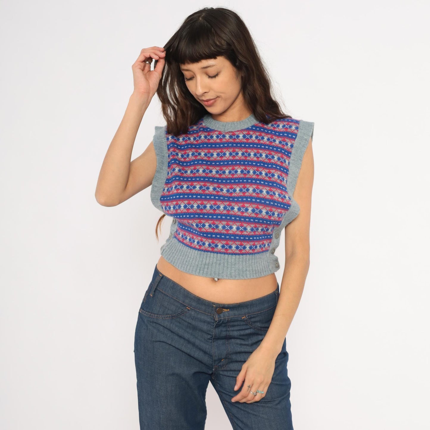 80s Fair Isle Sweater Vest Grey Blue Red Geometric Knit Cropped Extra Small XS