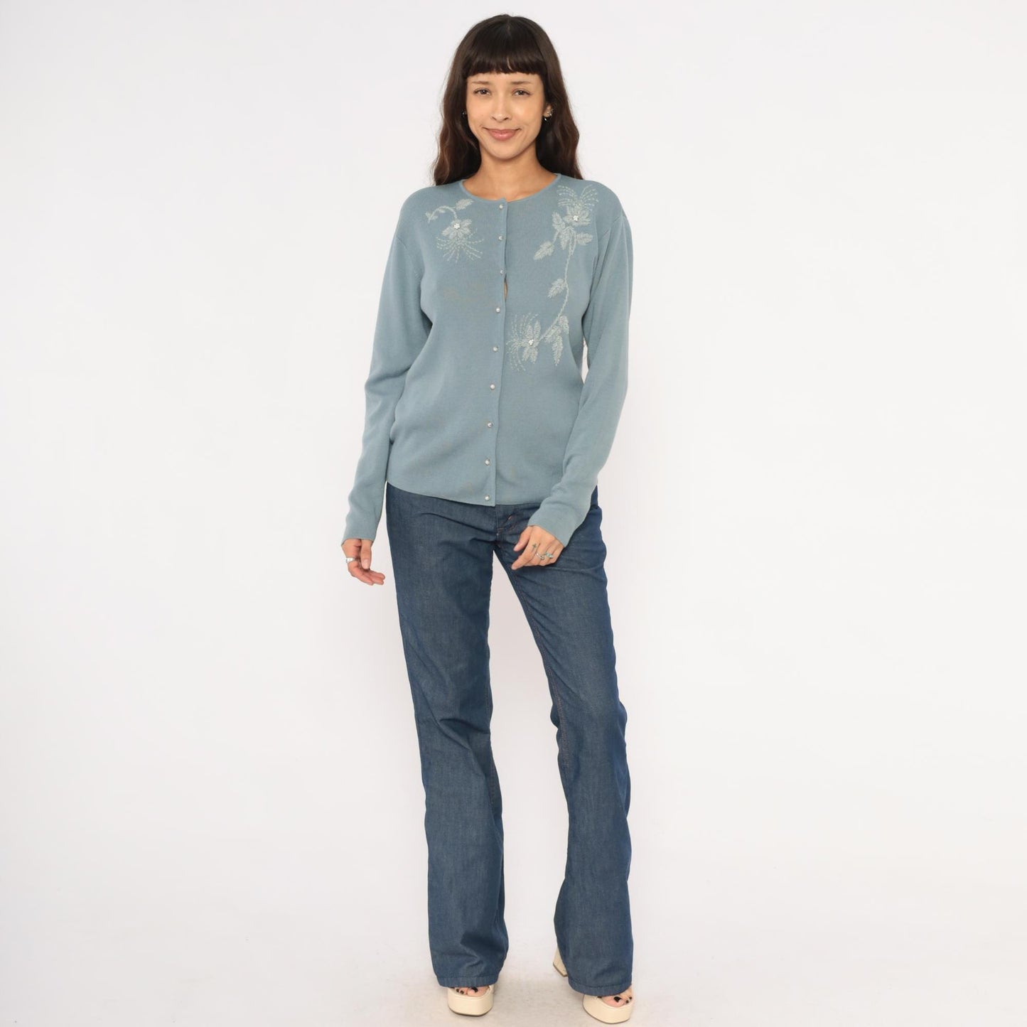 Saks Fifth Avenue 90s Powder Blue Cardigan Embroidered Floral Beaded Medium