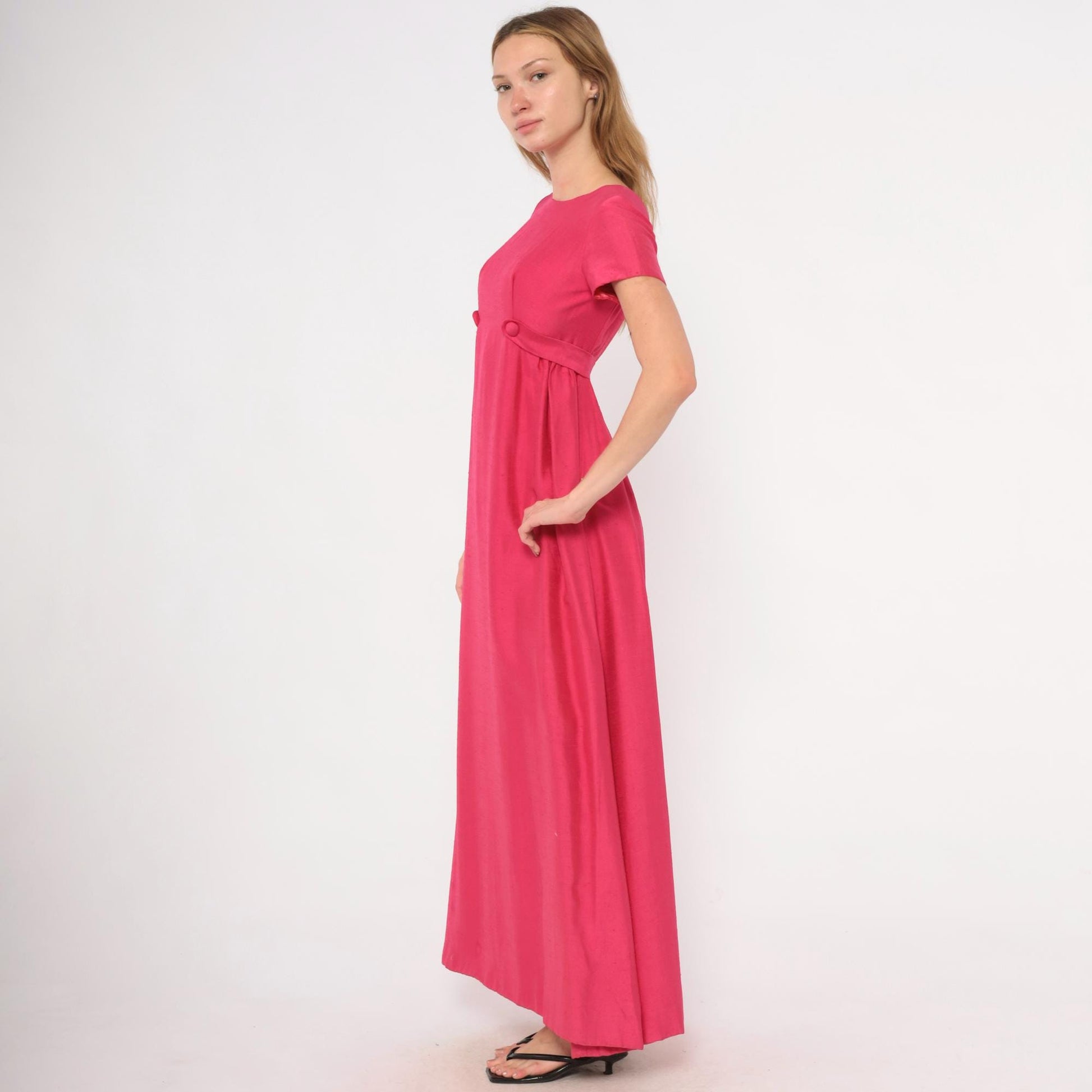 60s Emma Domb Fuchsia Empire Waist Maxi Gown Cap Sleeve Extra Small XS