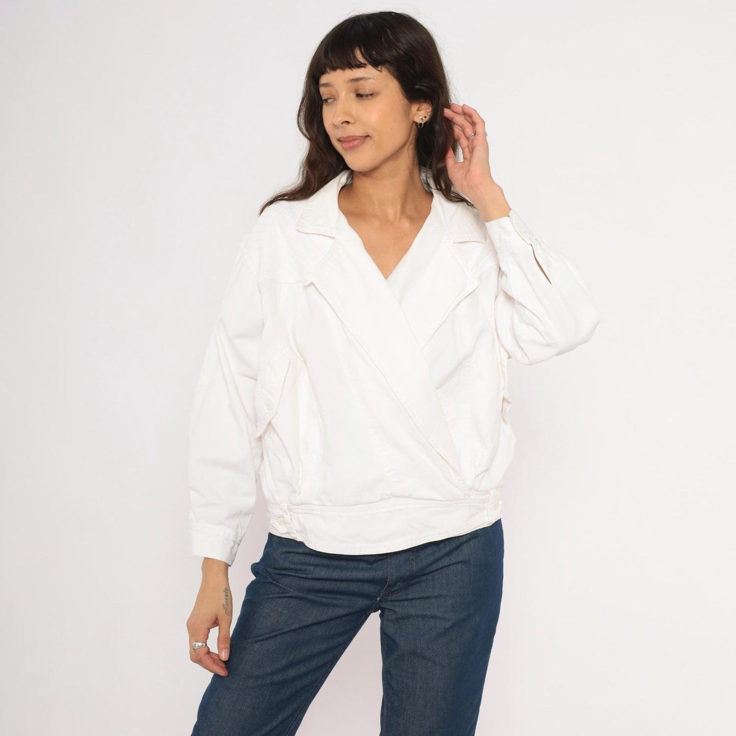 80s Together White Cotton Wrap Jacket Cropped Blouson Medium M