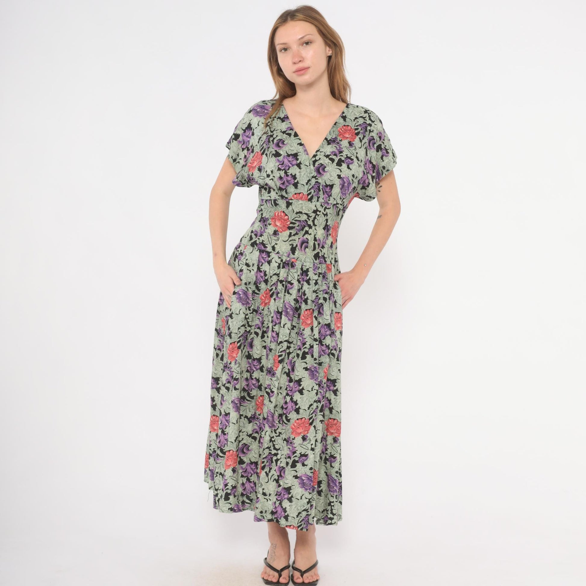 90s All That Jazz Floral Maxi Dress Purple Black Surplice V-Neck Medium M