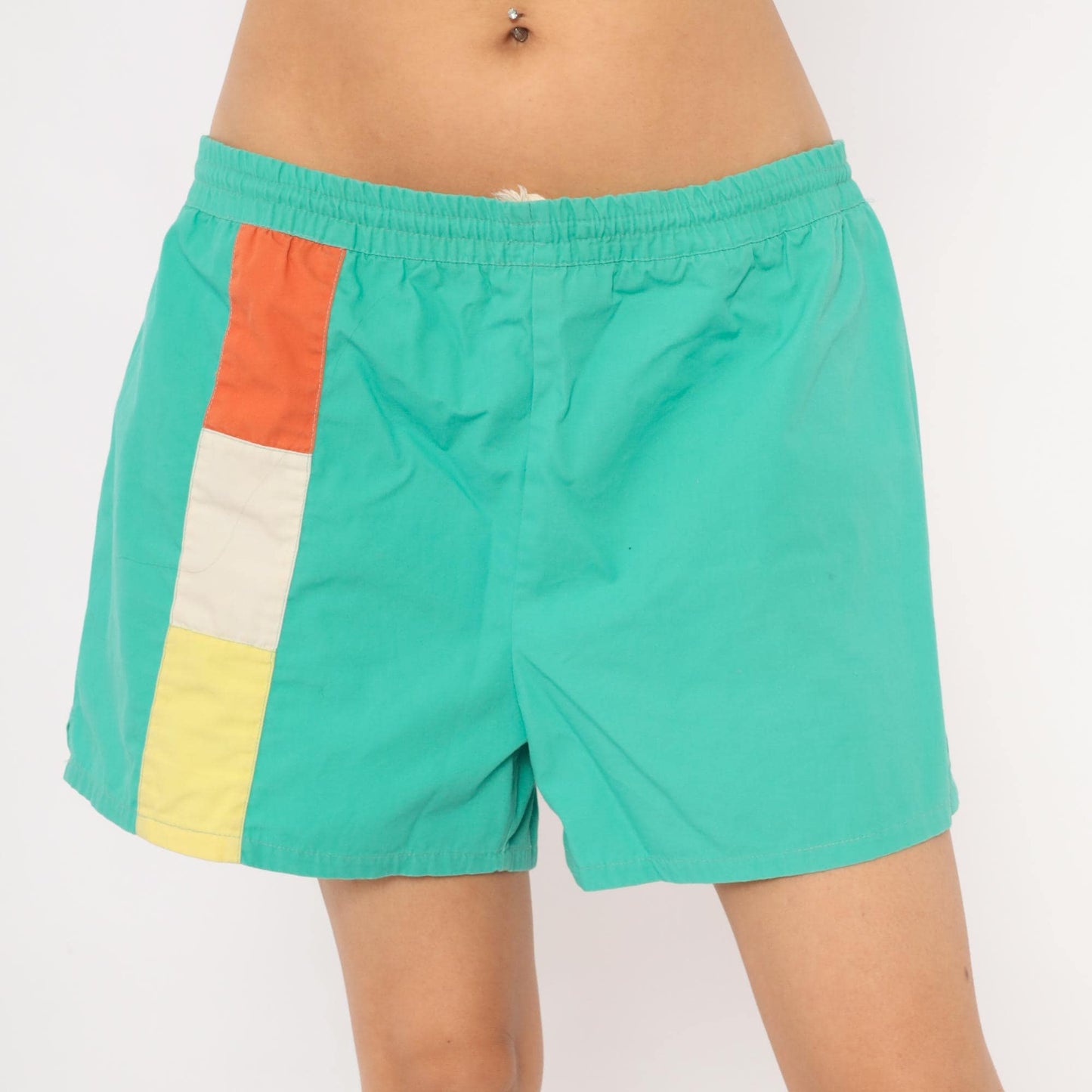 80s Freestyle Color Block Swim Trunks Teal Orange Yellow Men's Large