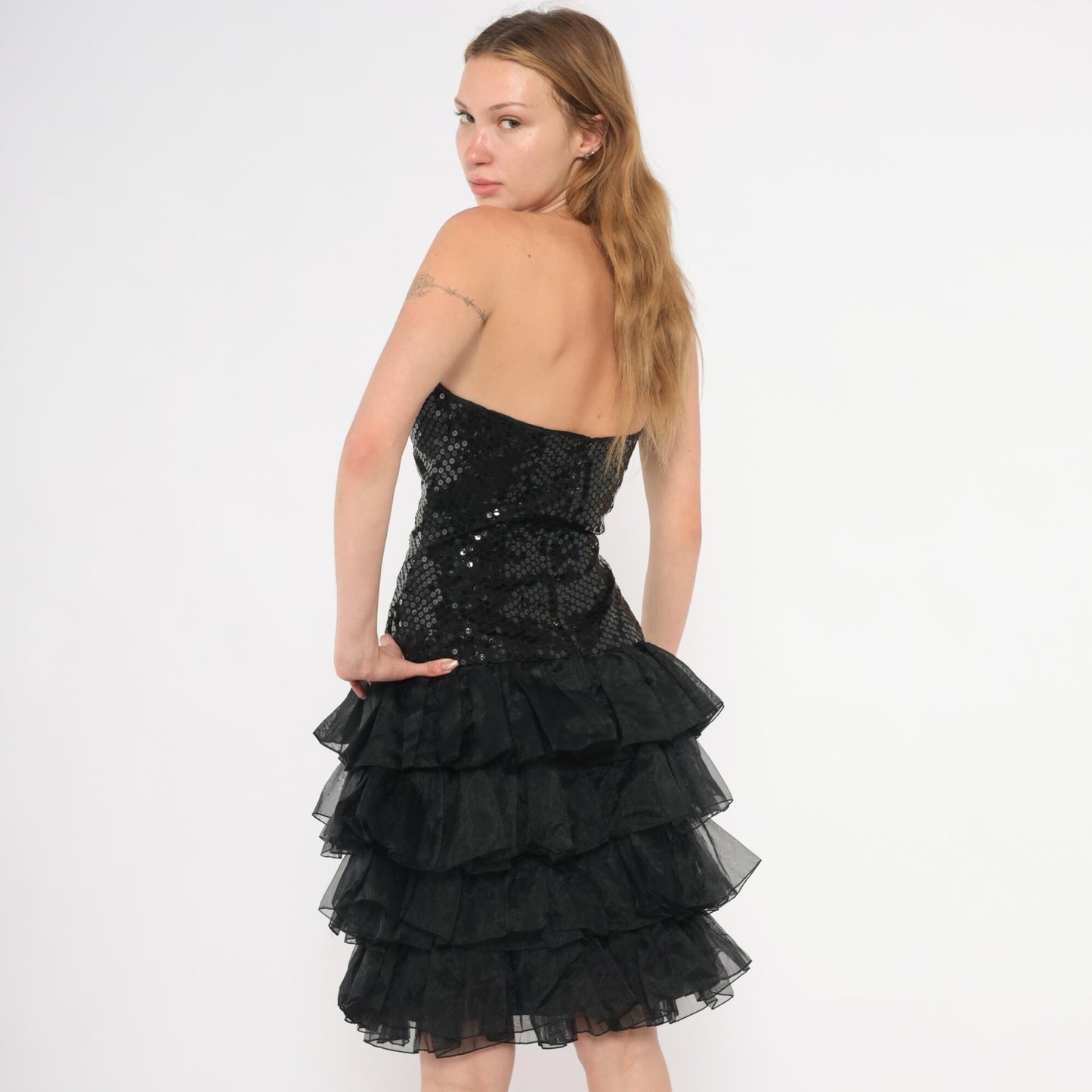 80s Tadashi Sequin Strapless Dress Sweetheart Neckline Tiered Ruffle Mini Black Small S