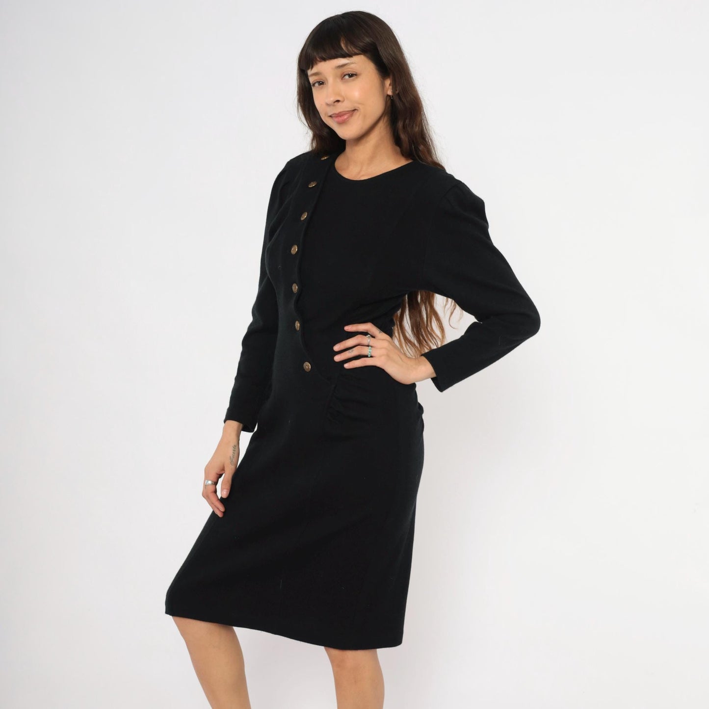 80s All That Jazz Black Puff Sleeve Dress Gold Buttons Ruched Waist Small S