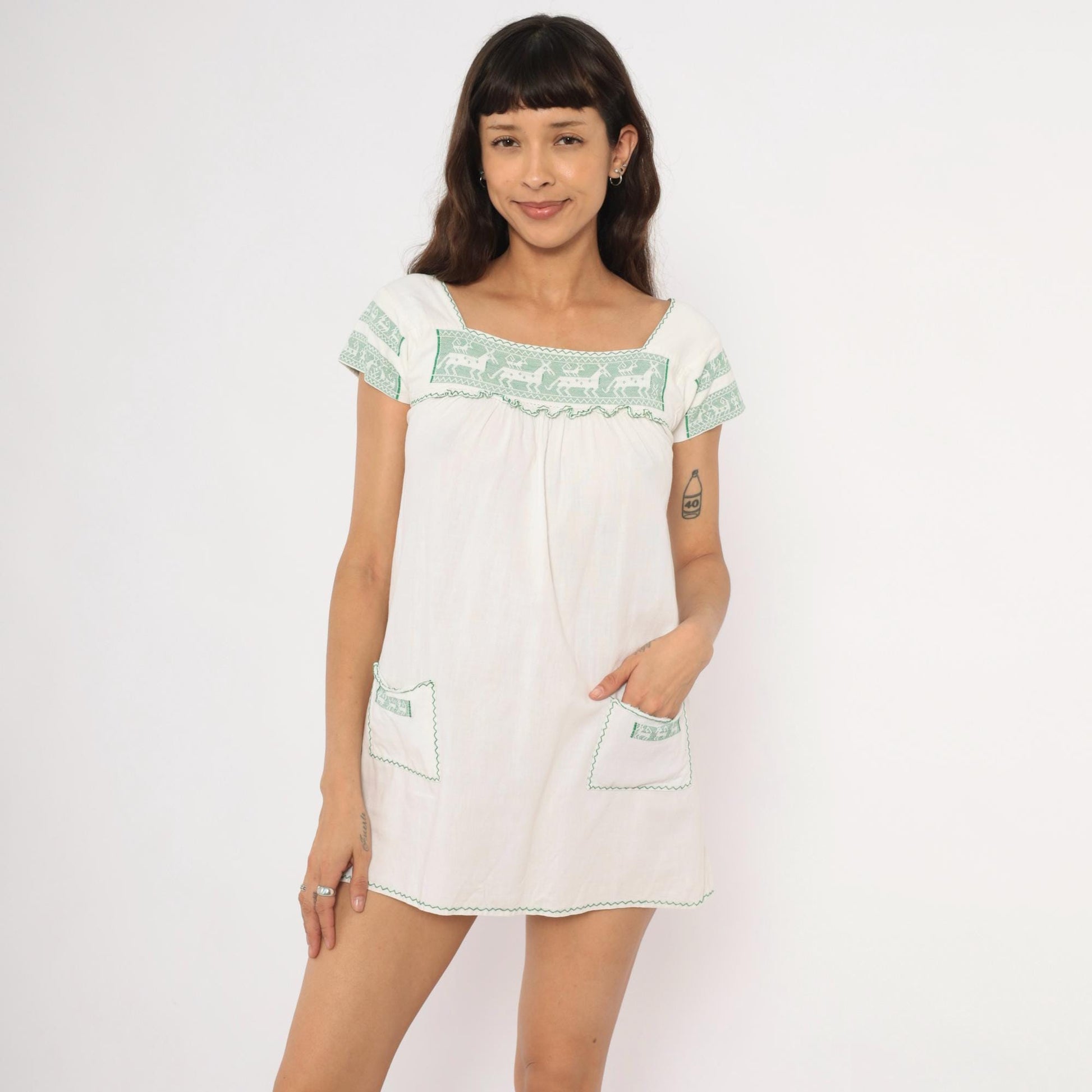 80s White Green Embroidered Deer Mini Dress Cotton Puff Sleeve Square Neck Extra Small XS