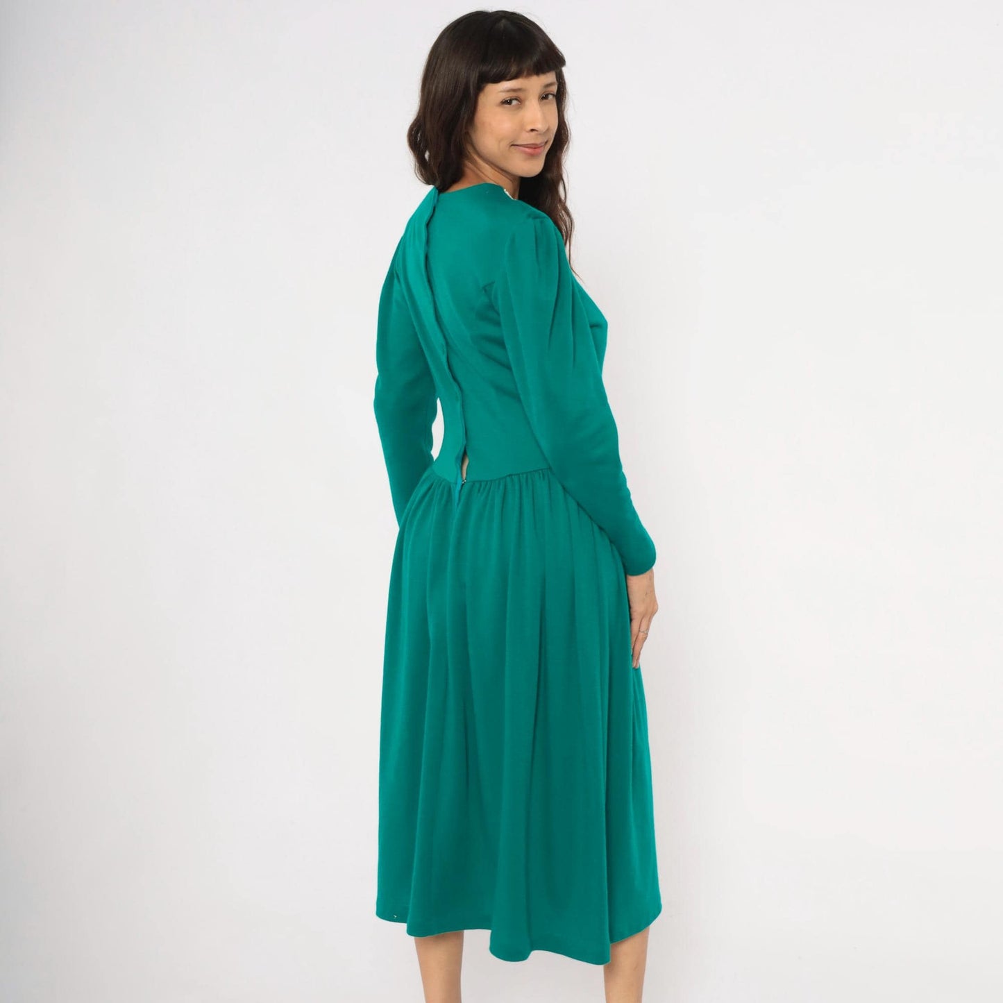 80s Expo Teal Midi Dress Lace Bib Puff Sleeve Fitted Bodice Medium M