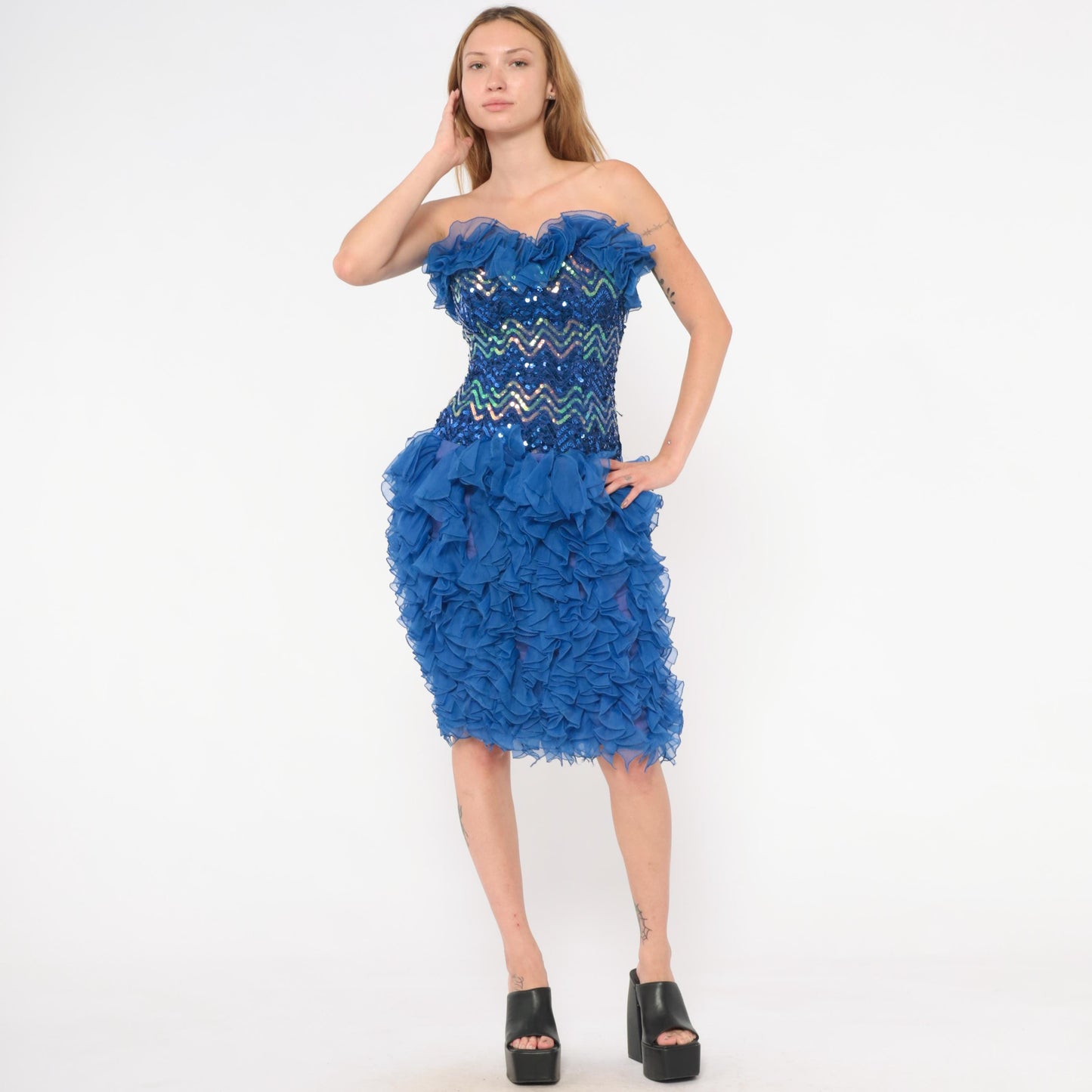 80s Cobalt Sequin Strapless Dress Chevron Sweetheart Corset Ruffle Extra Small XS