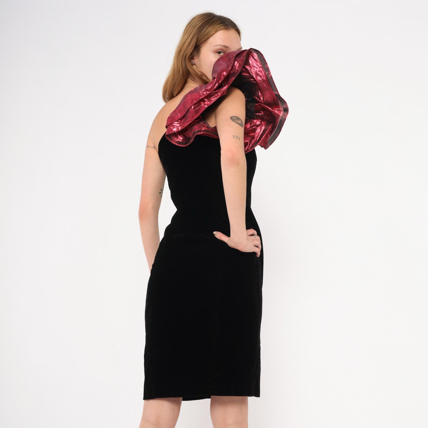 90s ZumZum Black Velvet One-Shoulder Cocktail Dress Burgundy Rosette Small