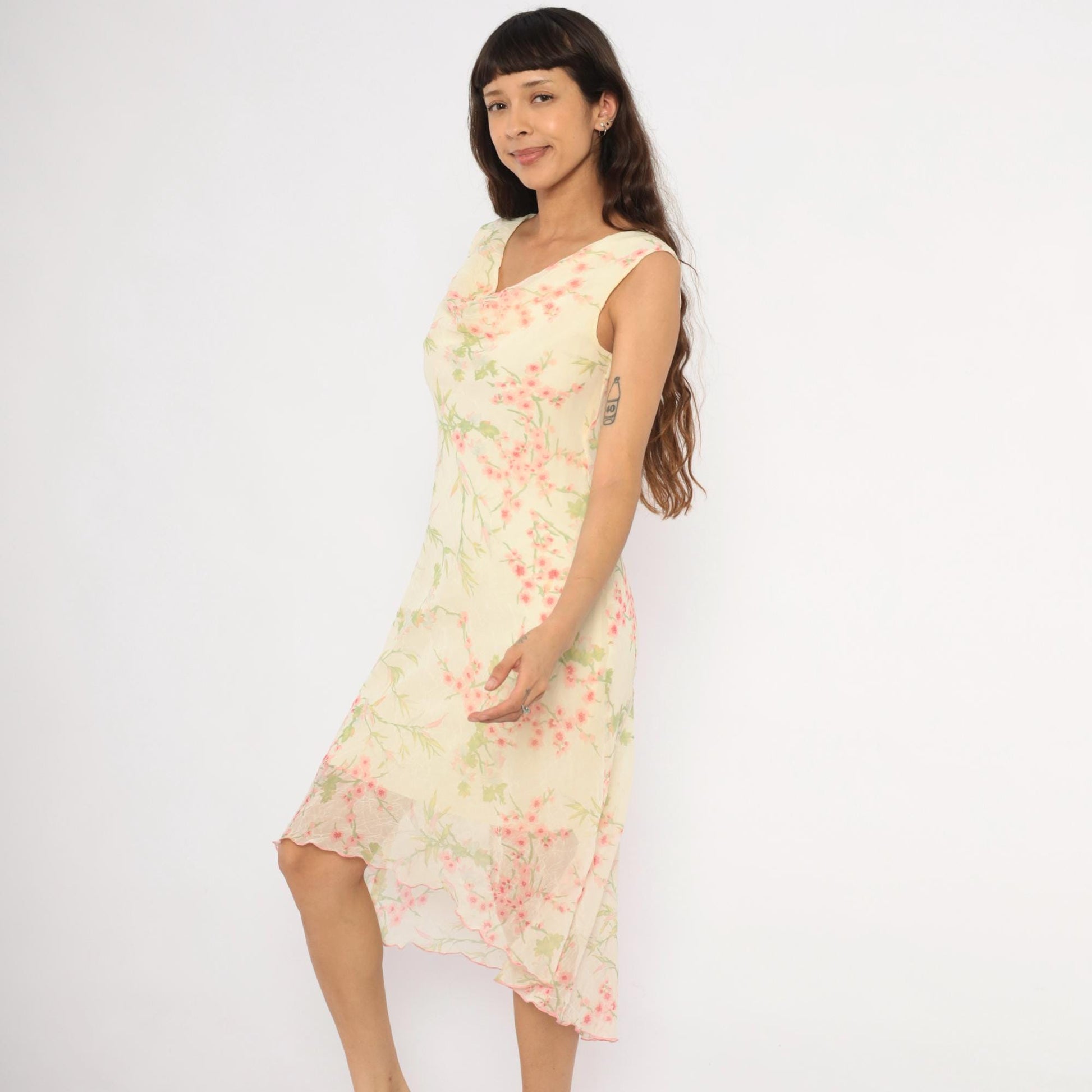 90s City Triangles Cherry Blossom Chiffon Dress Pink Cream Medium M