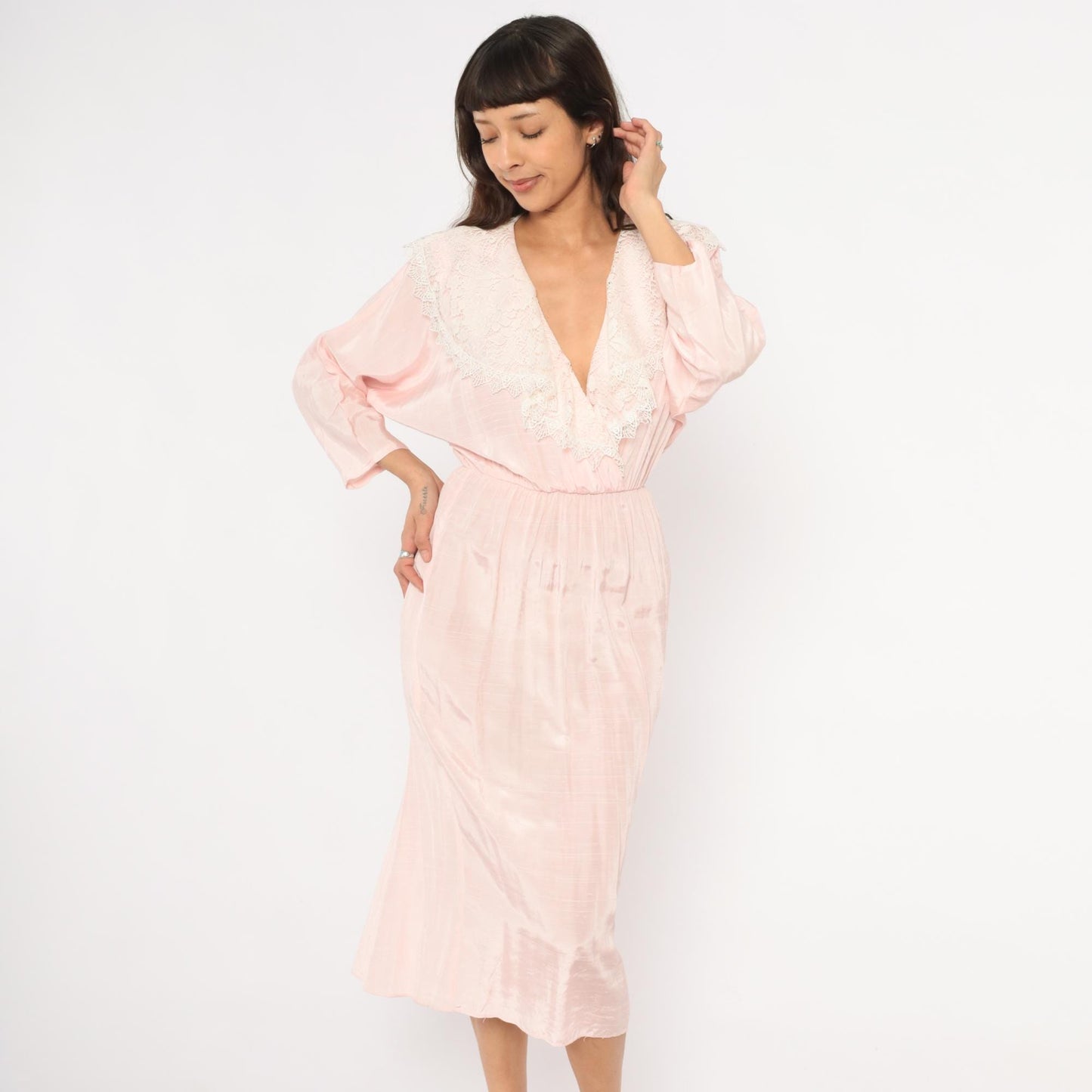 80s DQ Fashions Blush Pink Midi Dress Lace Collar V-Neck Small S