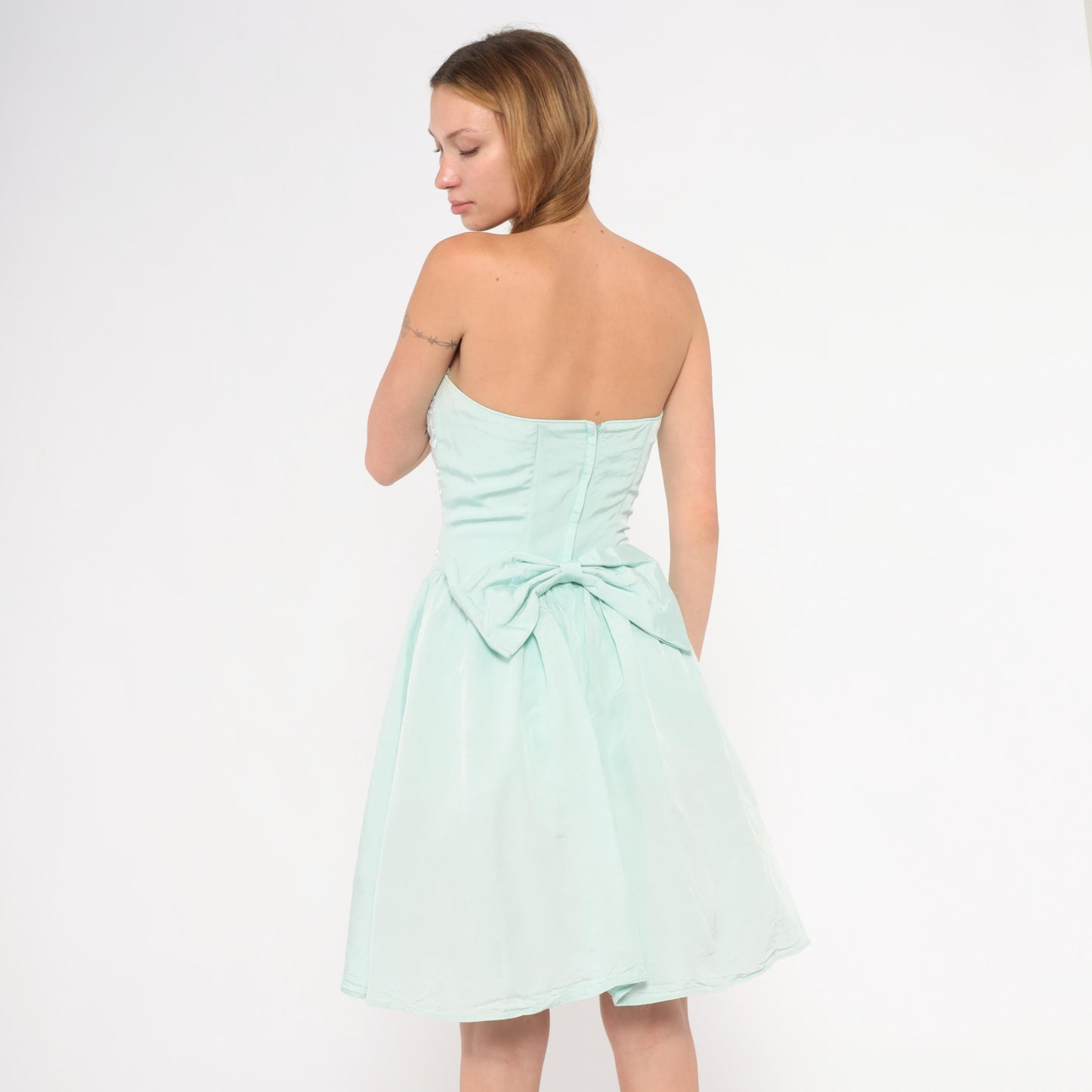 Gunne Sax 80s Mint Strapless Dress Sequin Lace Sweetheart Neckline Knee Length Extra Small XS