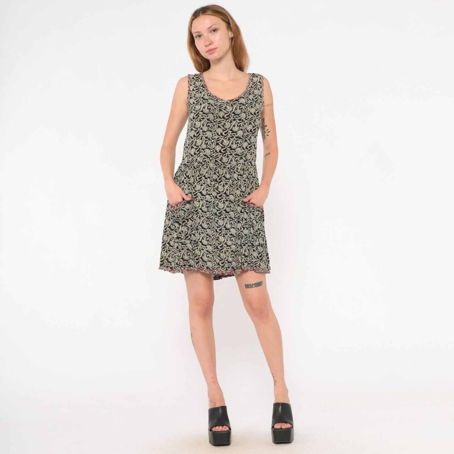 90s Black Floral Tank Dress Mini Red Trim Patch Pockets Small S