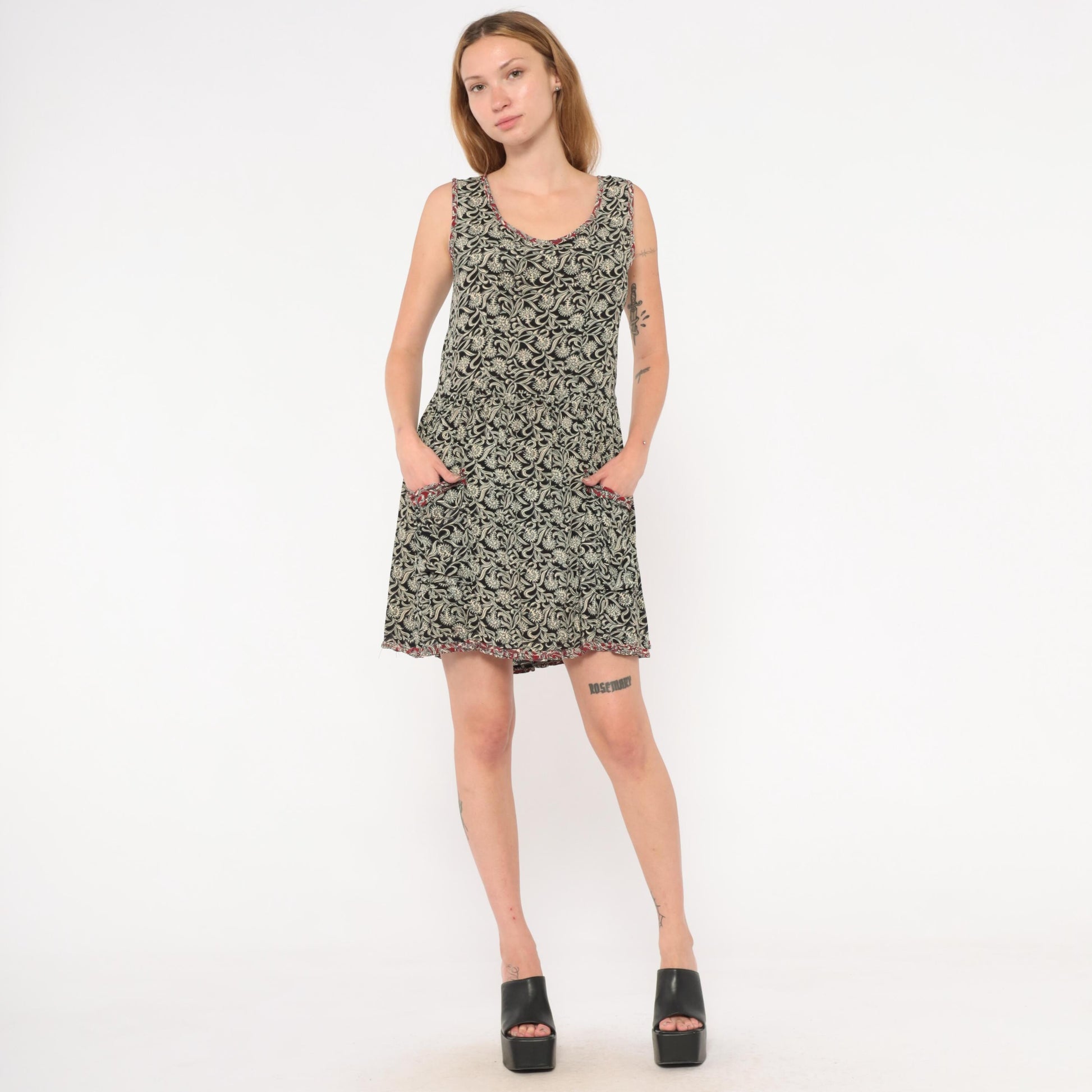 90s Black Floral Tank Dress Mini Red Trim Patch Pockets Small S