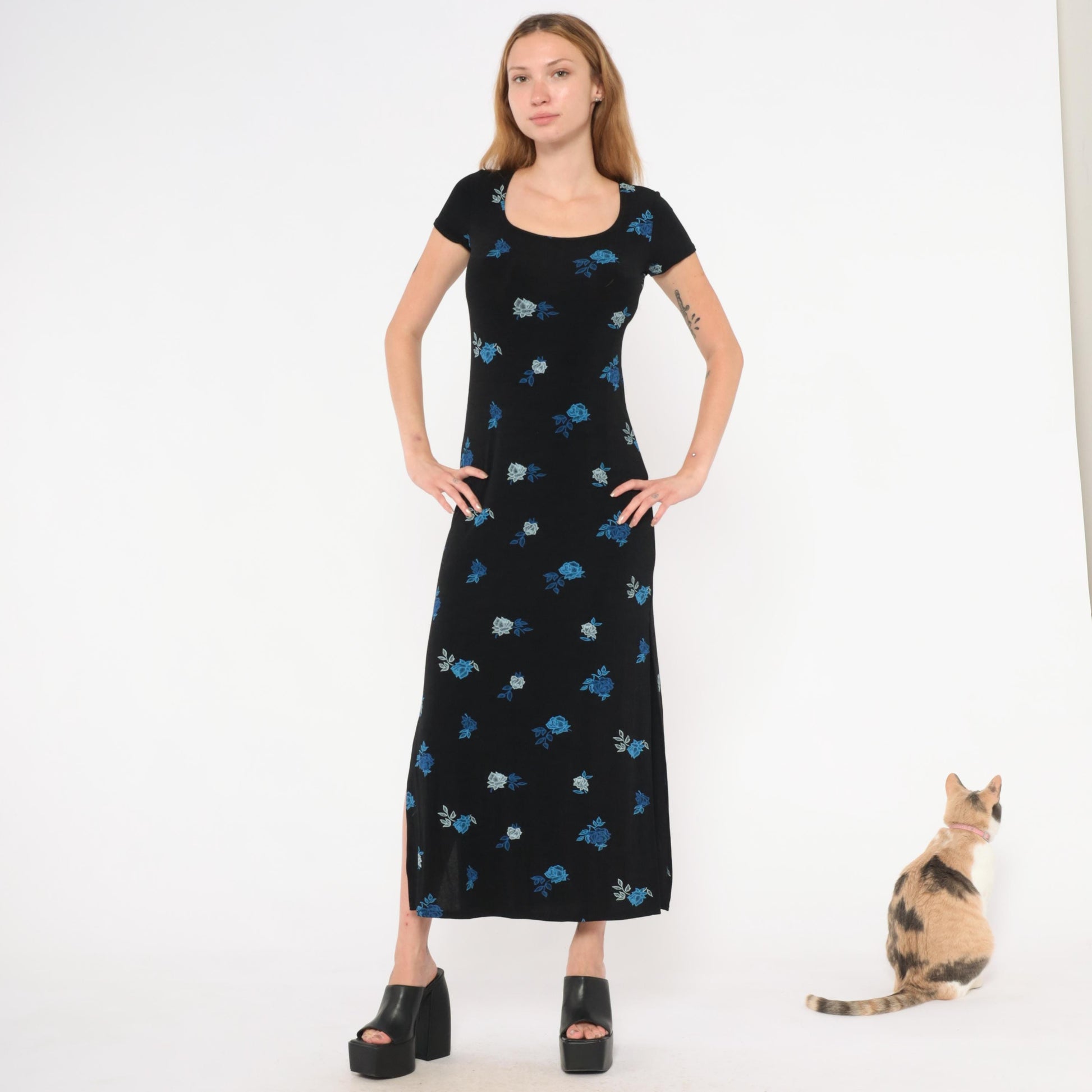 90s Jalate Black Floral Maxi Dress Blue Rose Print Side Slit Medium