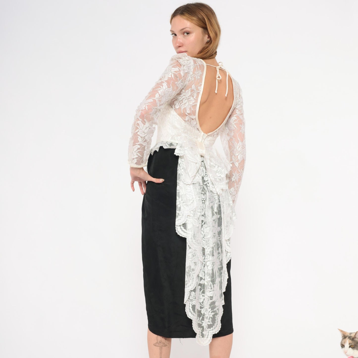 90s Black Ivory Lace Sweetheart Midi Dress Sheer Bustle Satin Pencil Skirt XS