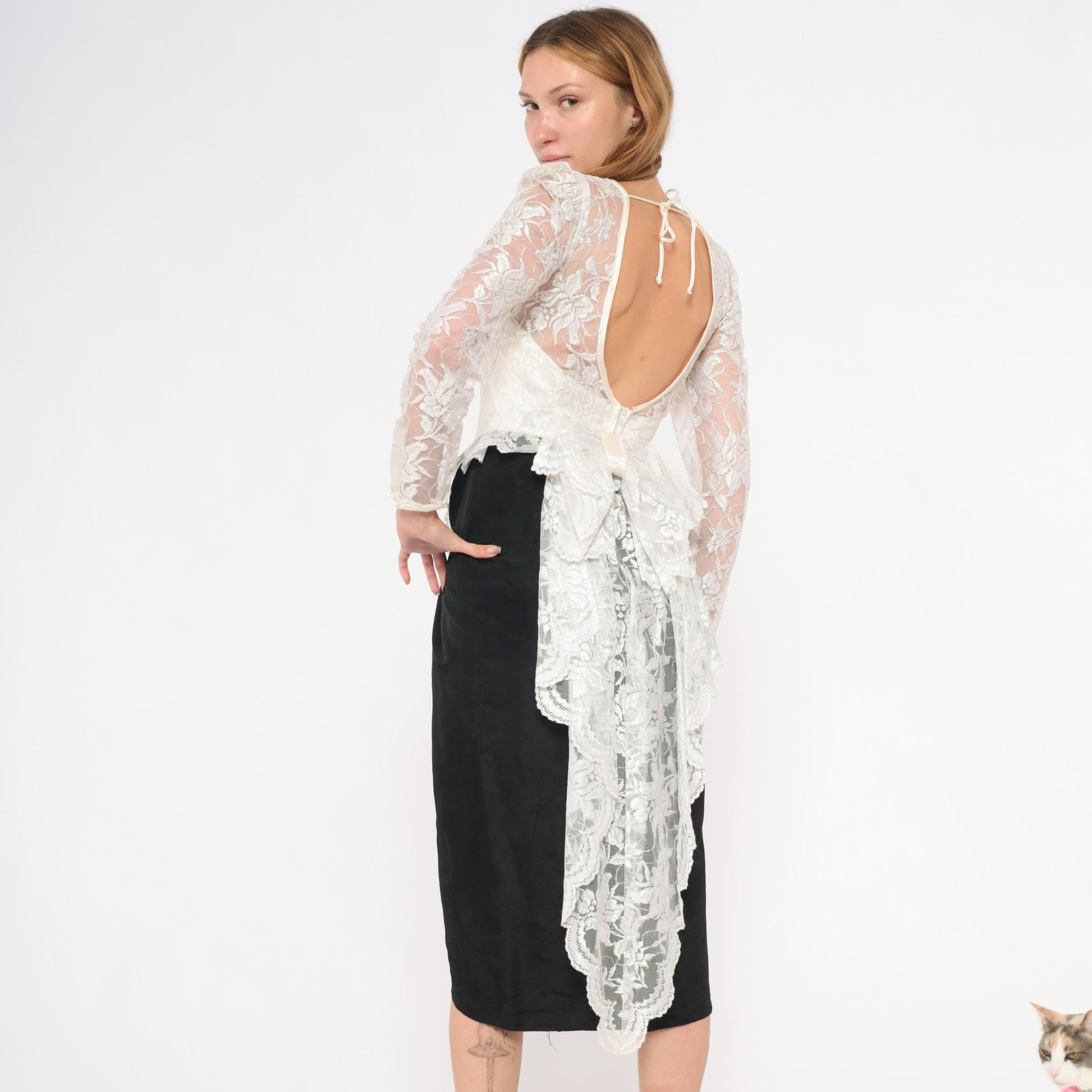 90s Black Ivory Lace Sweetheart Midi Dress Sheer Bustle Satin Pencil Skirt XS