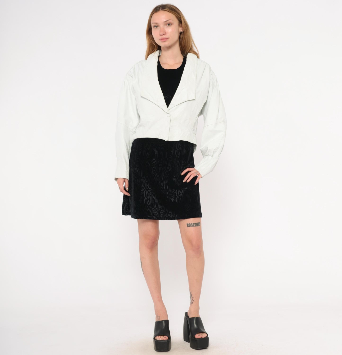90s Chia Cropped Leather Jacket White Snap Front Batwing Sleeve Medium