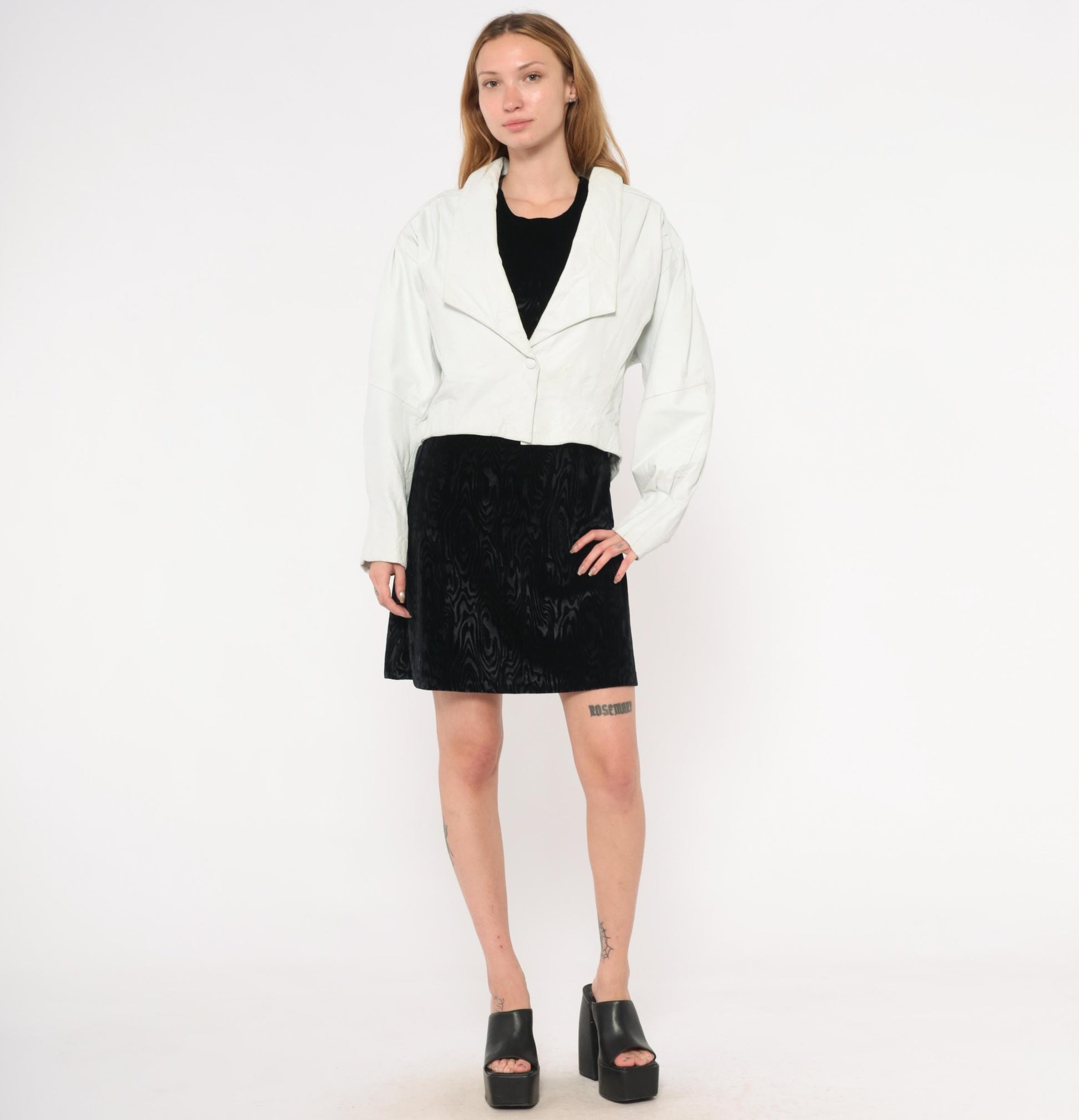 90s Chia Cropped Leather Jacket White Snap Front Batwing Sleeve Medium