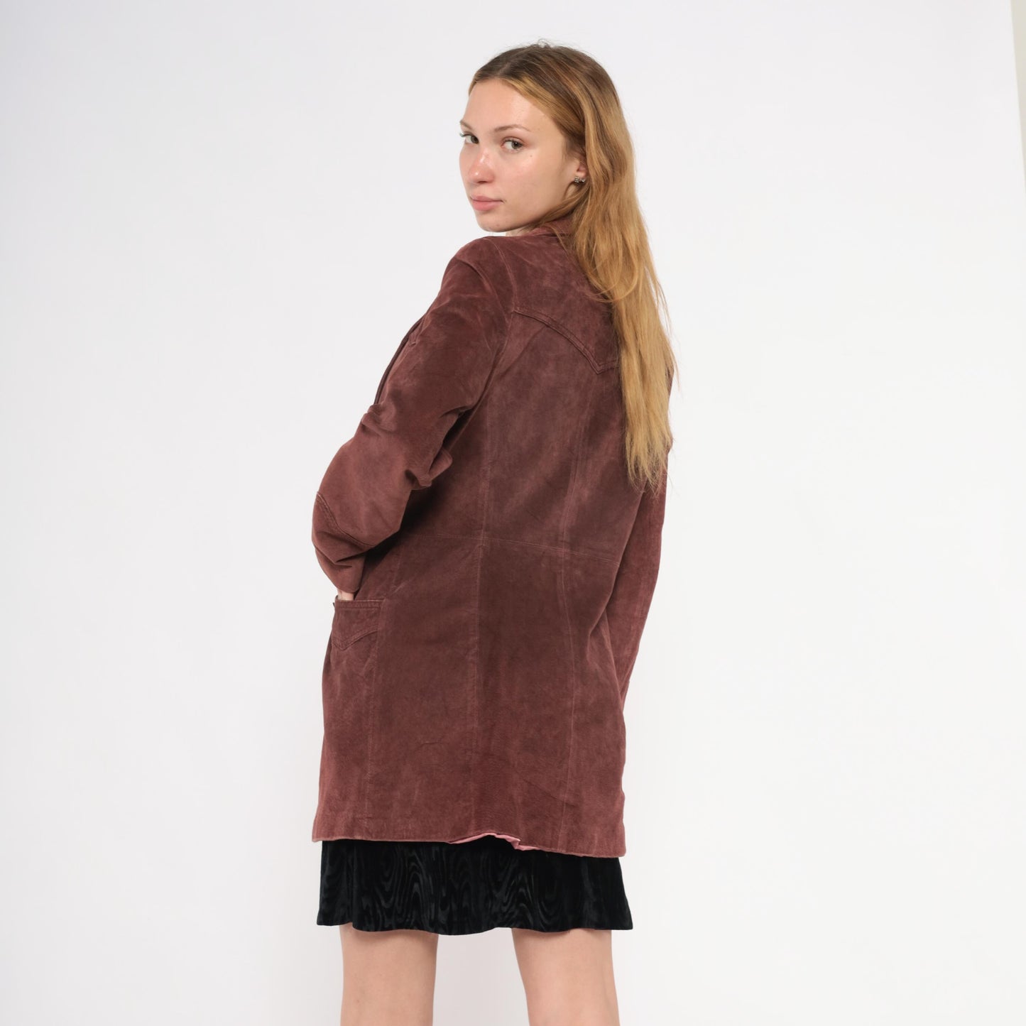 2000s Burgundy Leather Blazer Notched Lapel Long Line Small S