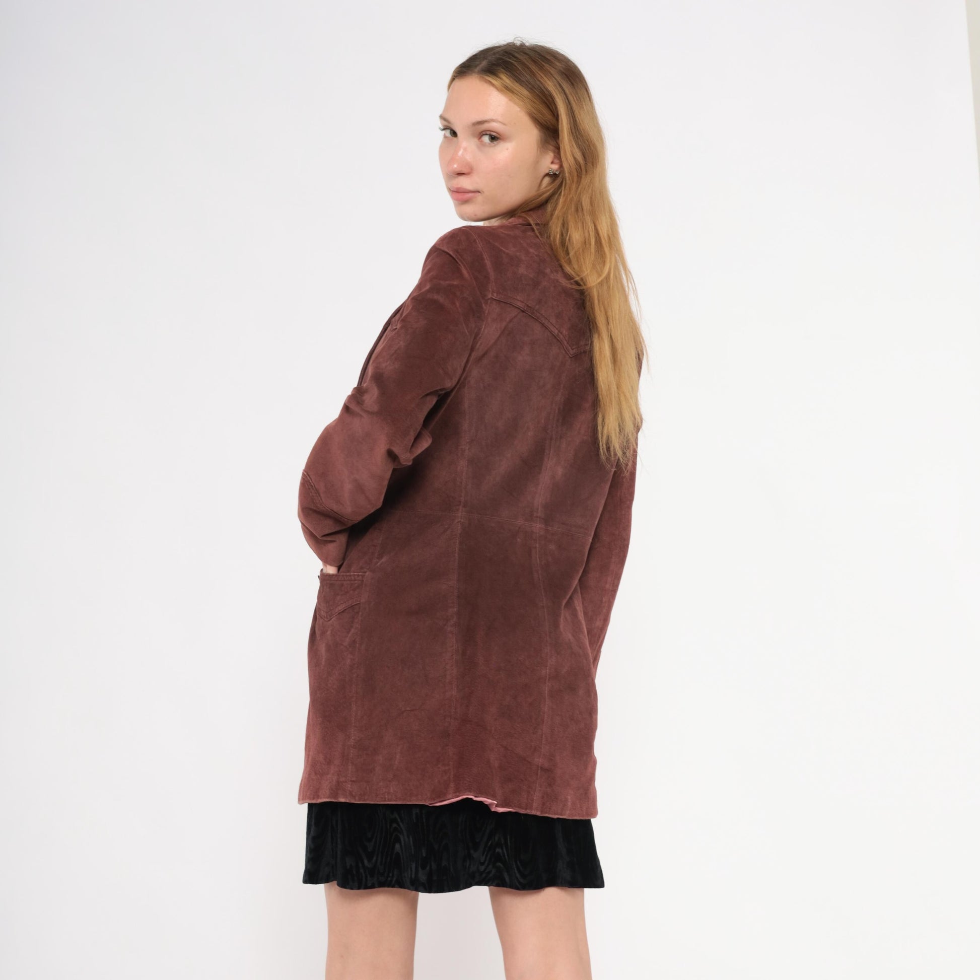 2000s Burgundy Leather Blazer Notched Lapel Long Line Small S