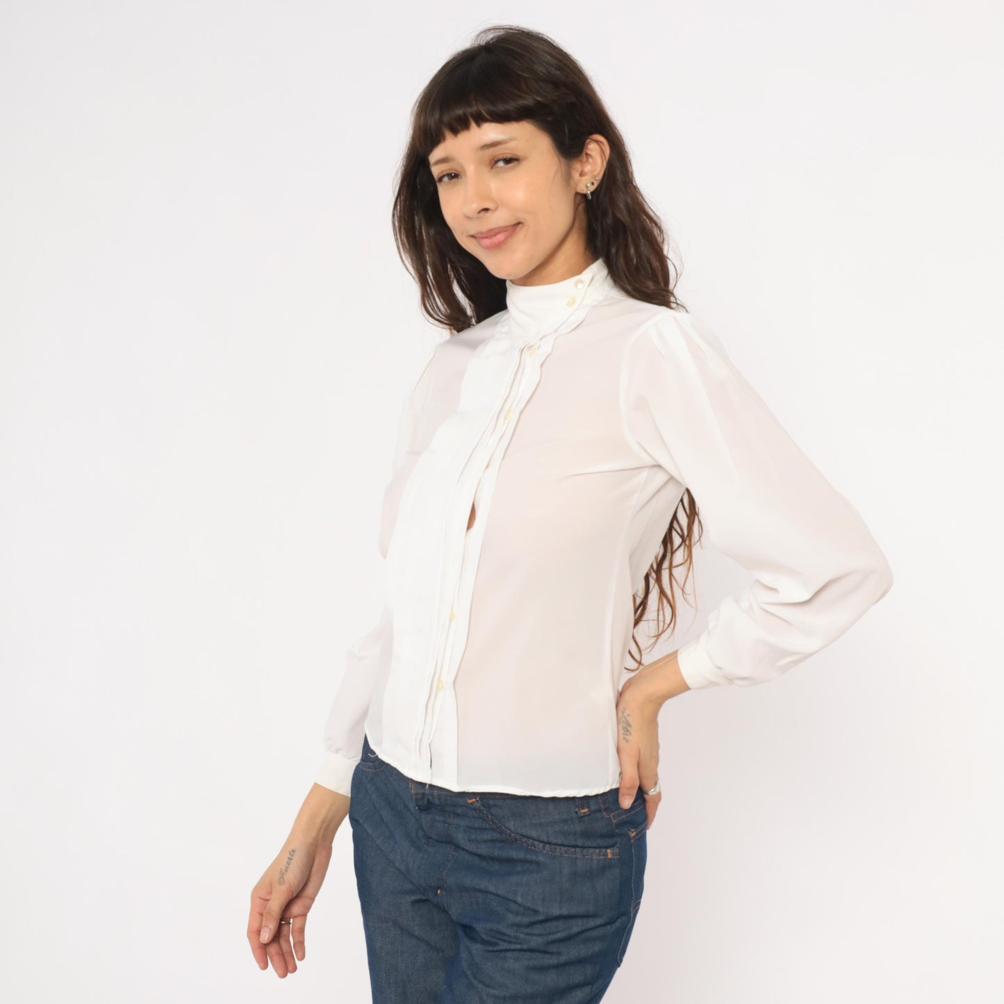 80s Kanga Sport White Pintuck Blouse Puff Sleeve High Collar Small S