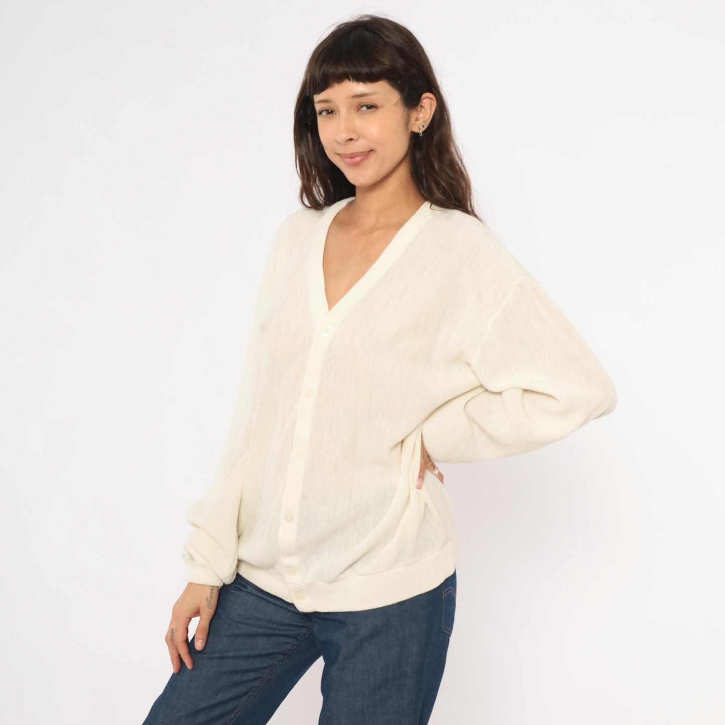 80s Jantzen Ivory Sheer Knit Cardigan V-Neck Button-Up Cream Large L