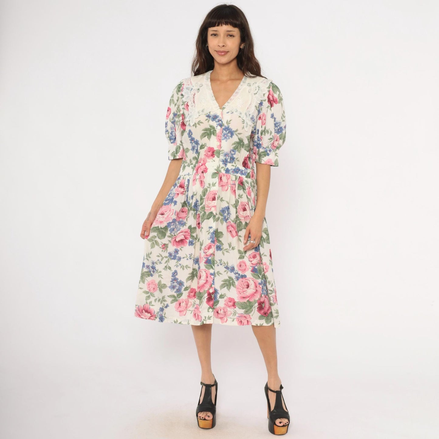 90s Karin Stevens Floral Midi Dress Lace Collar Puff Sleeve Pink Rose Large L