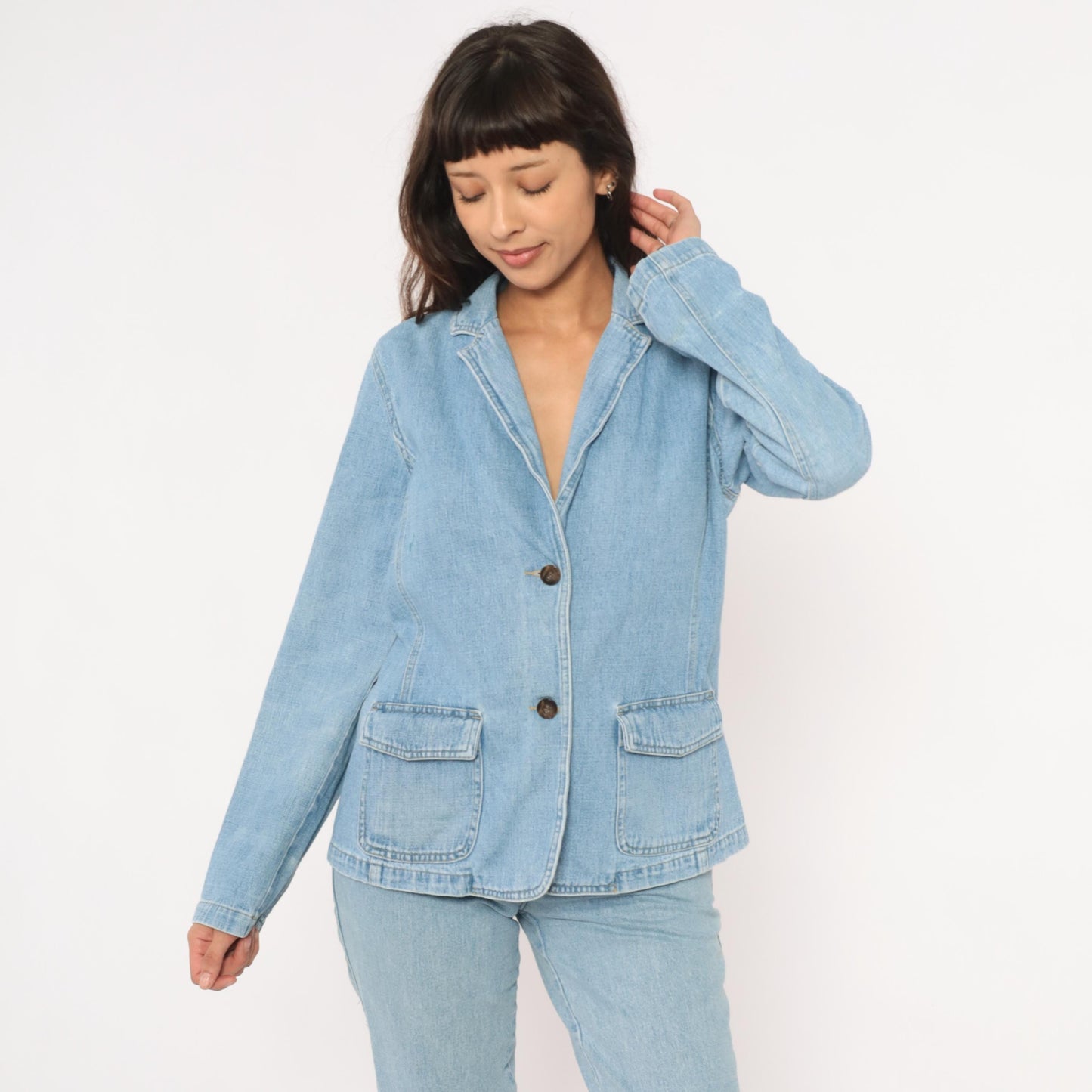 2000s Crazy Horse Light Wash Denim Blazer Notched Lapel Cotton Medium M