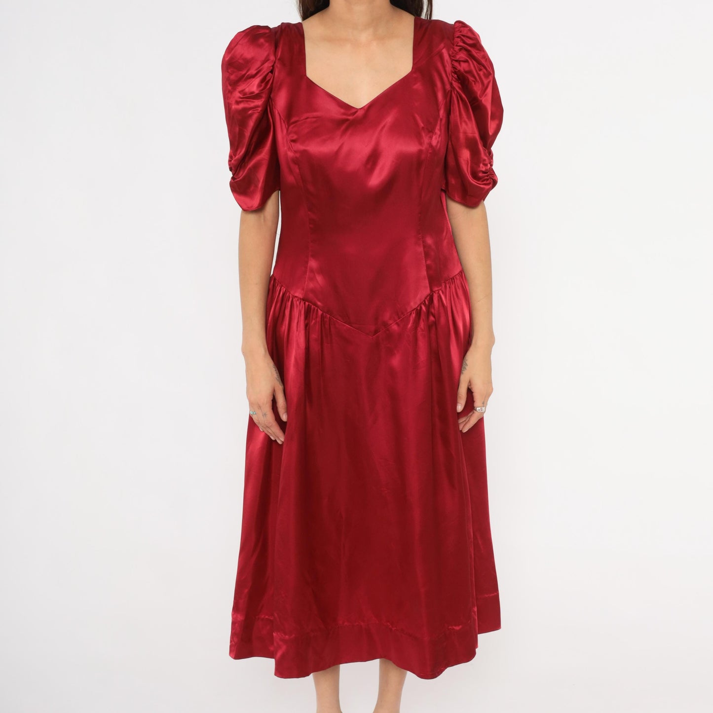 80s Burgundy Satin Midi Dress Puff Sleeve Sweetheart Neckline Bow Back Large L