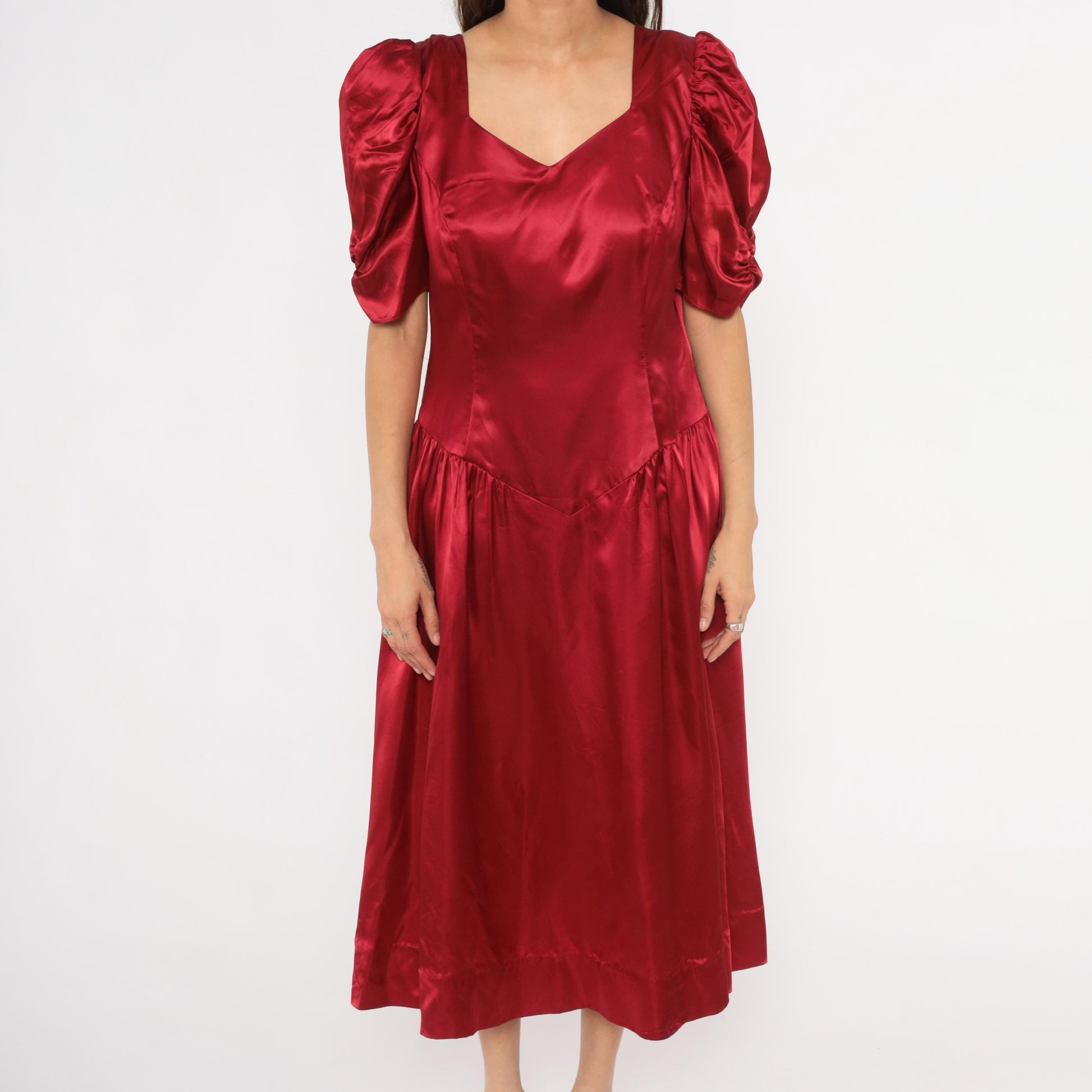 80s Burgundy Satin Midi Dress Puff Sleeve Sweetheart Neckline Bow Back Large L