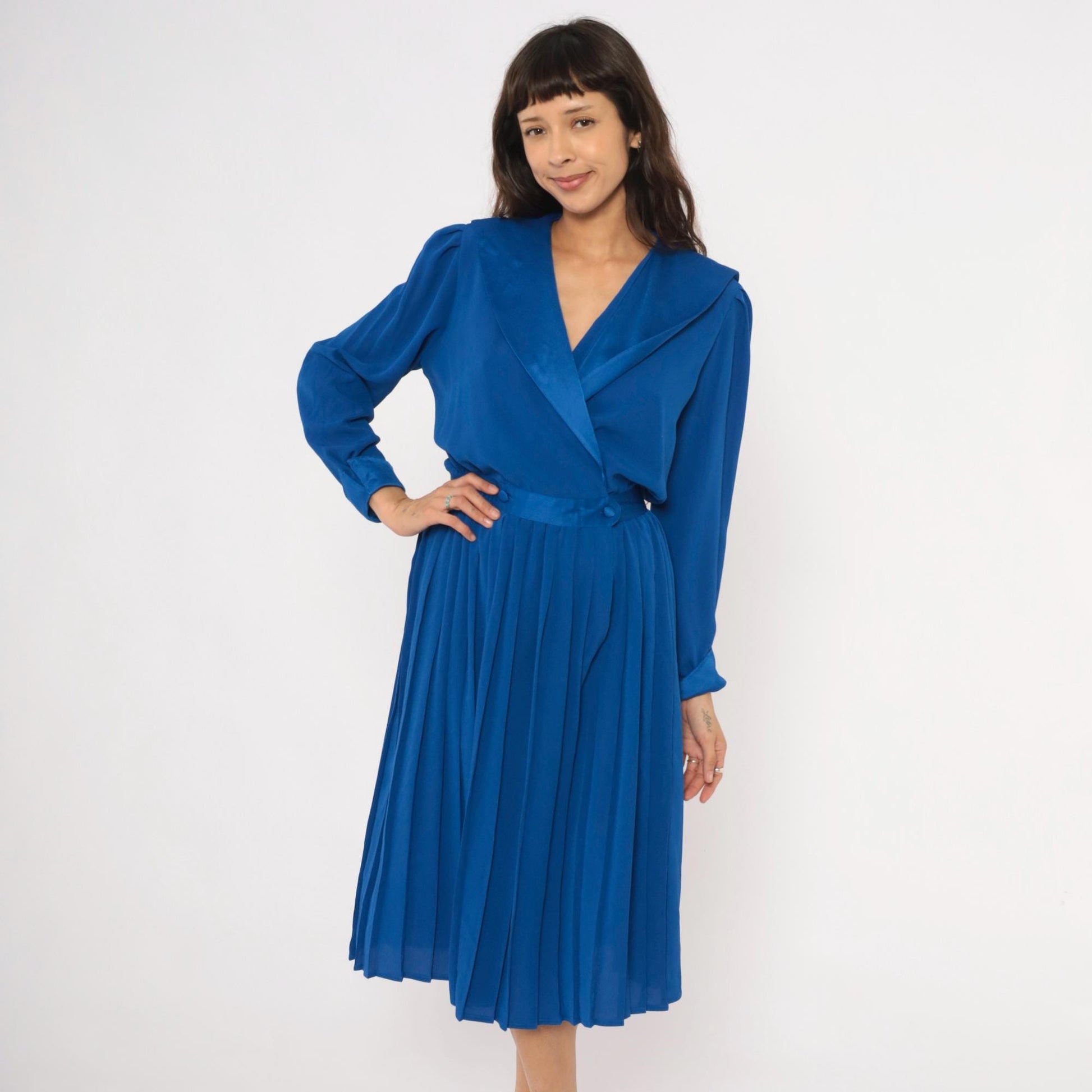 90s Petites for Maggy Cobalt Wrap Dress Puff Sleeve Pleated Knee-Length Medium