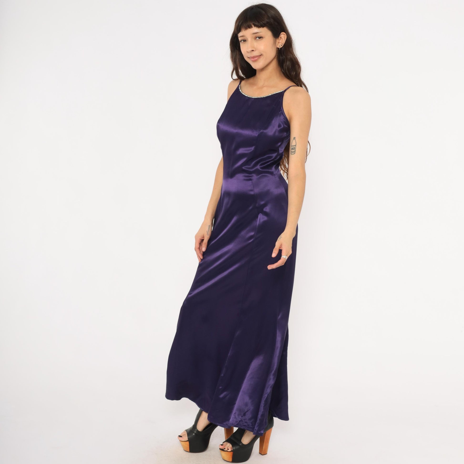 90s Jessica McClintock Gunne Sax Purple Satin Maxi Gown Rhinestone Small S