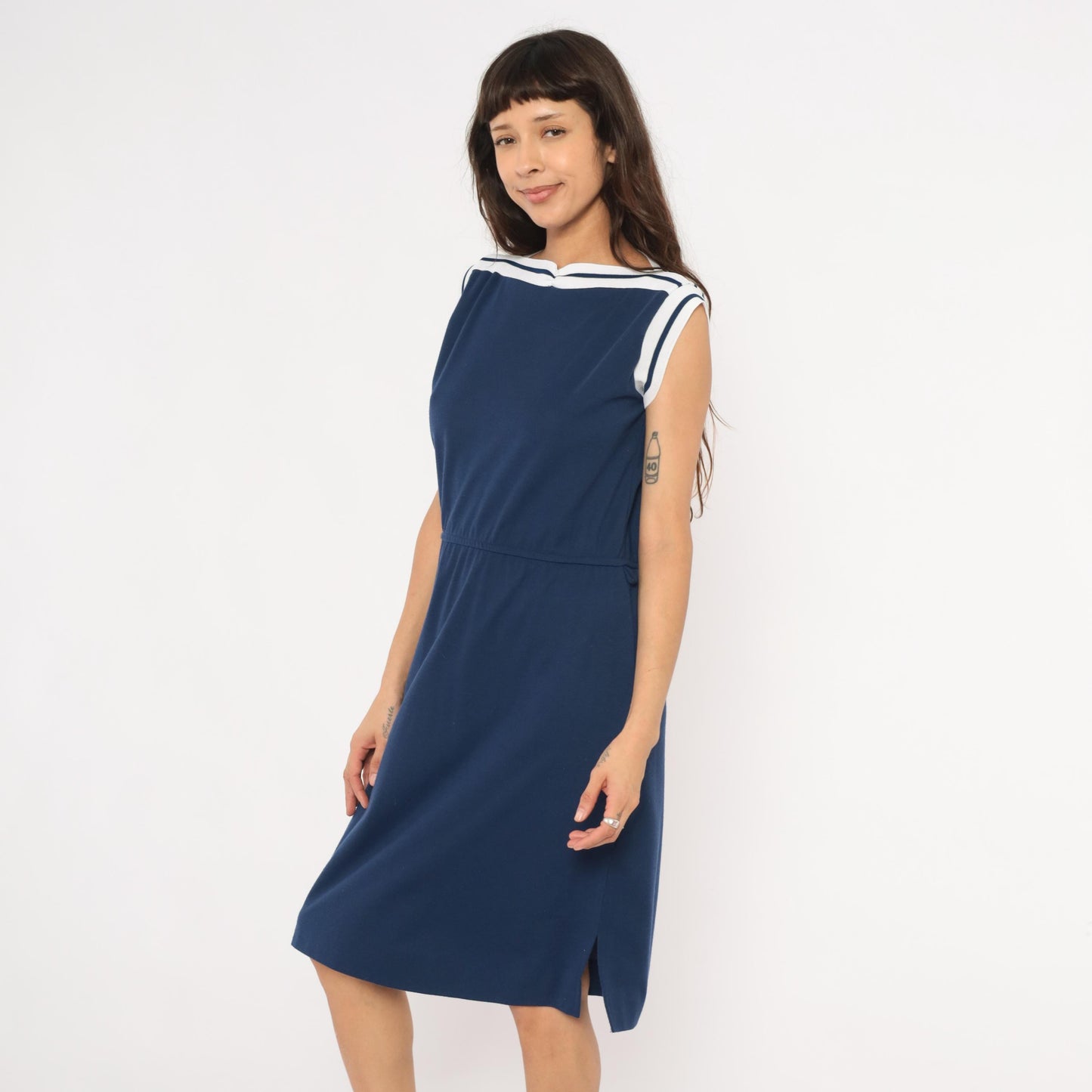 80s Navy Sailor Collar Dress Knee Length White Stripe Trim Cap Sleeve Large L