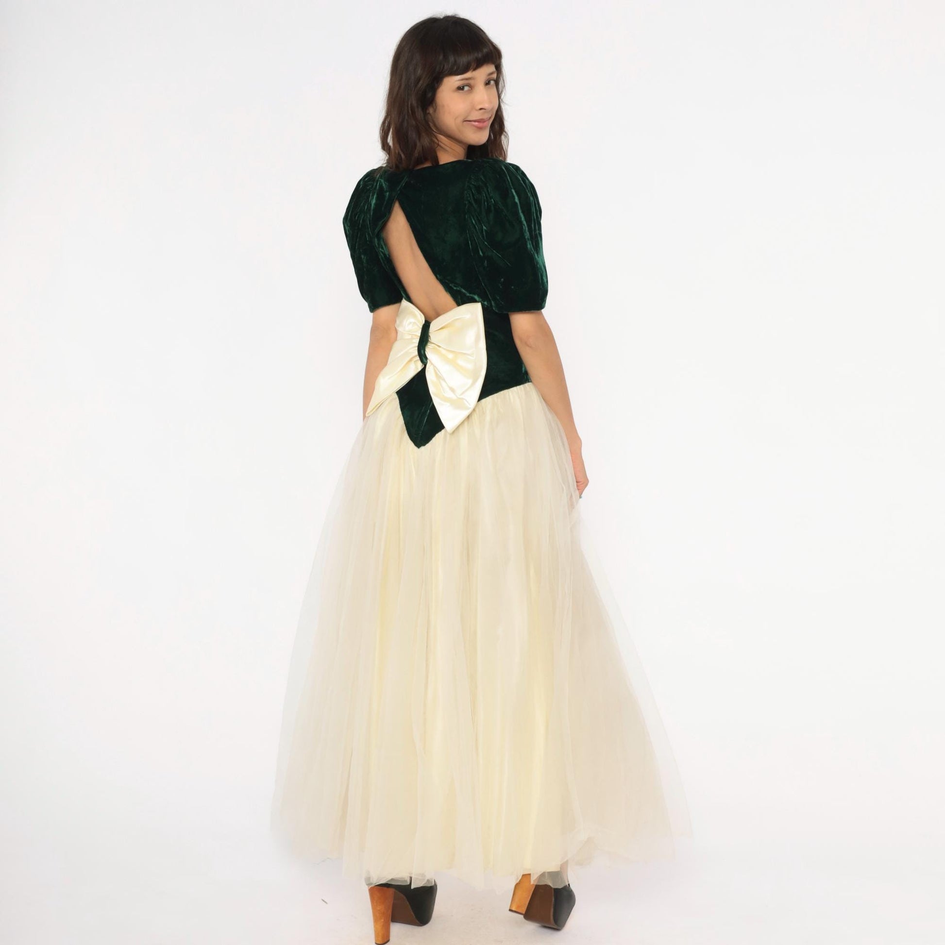 80s Emerald Velvet Puff Sleeve Gown Cream Tulle Skirt Basque Waist Medium M