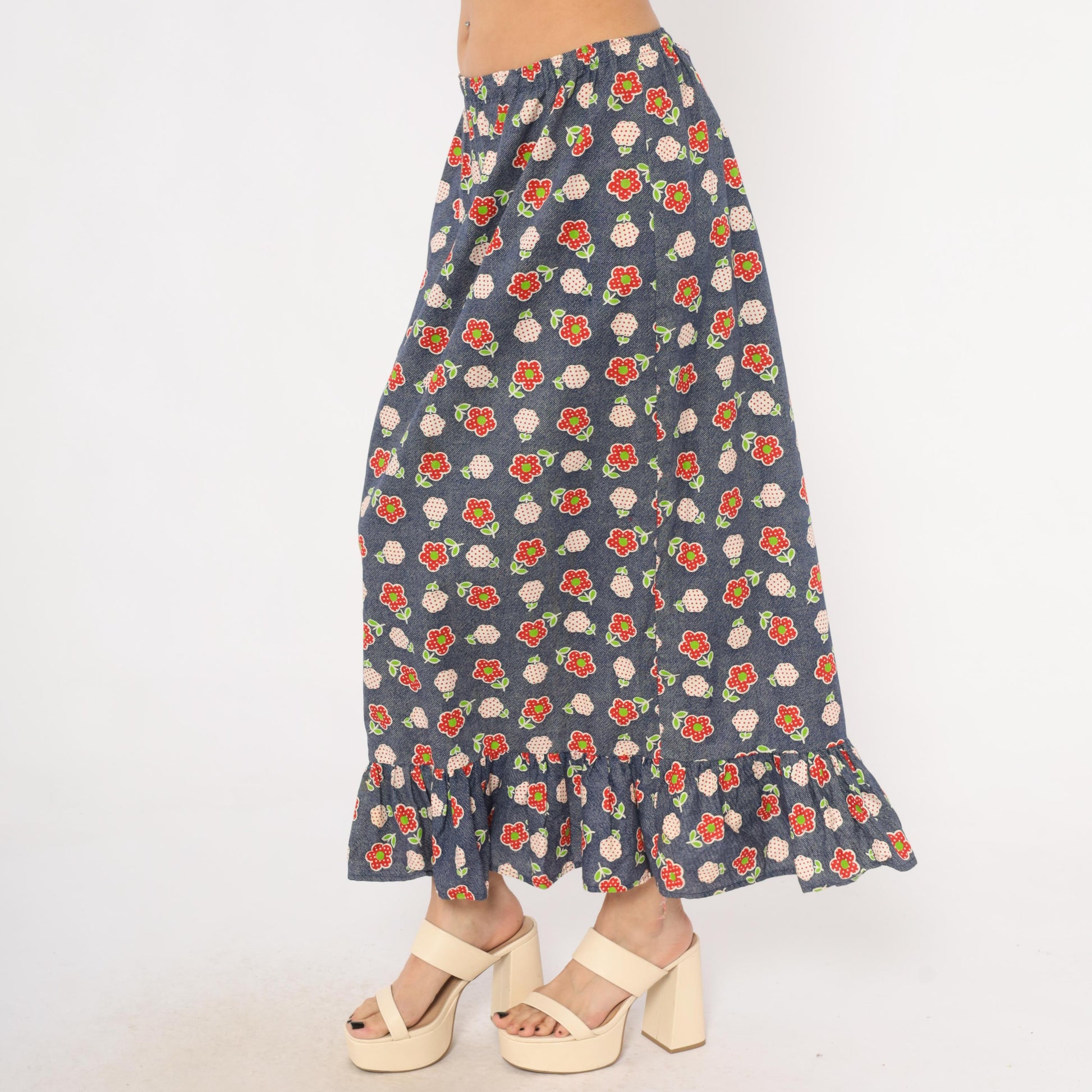 70s Navy Floral Maxi Skirt Strawberry Print Cotton Ruffle Hem Large L