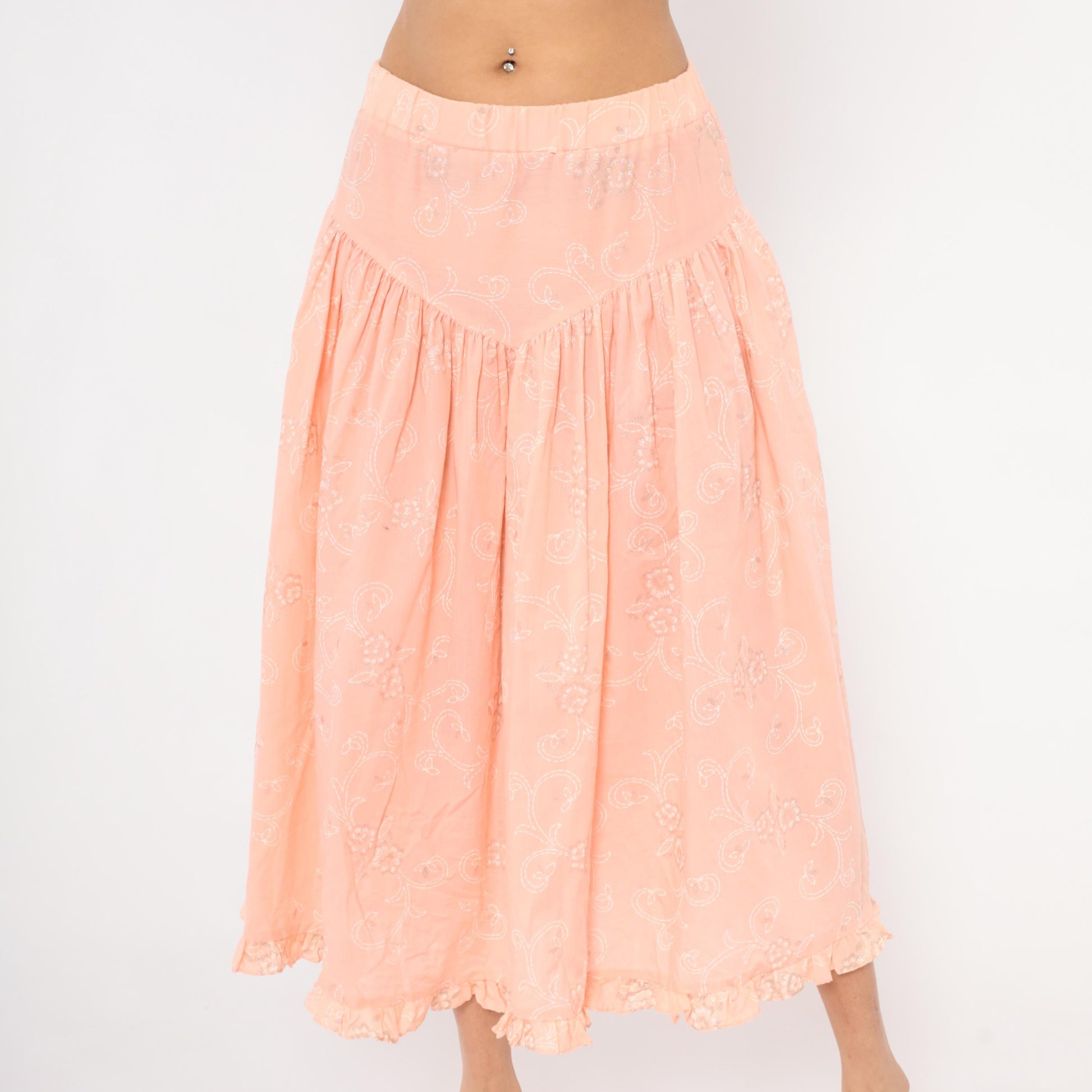 90s California Connection Peach Floral Midi Skirt Ruffled Hem Medium M