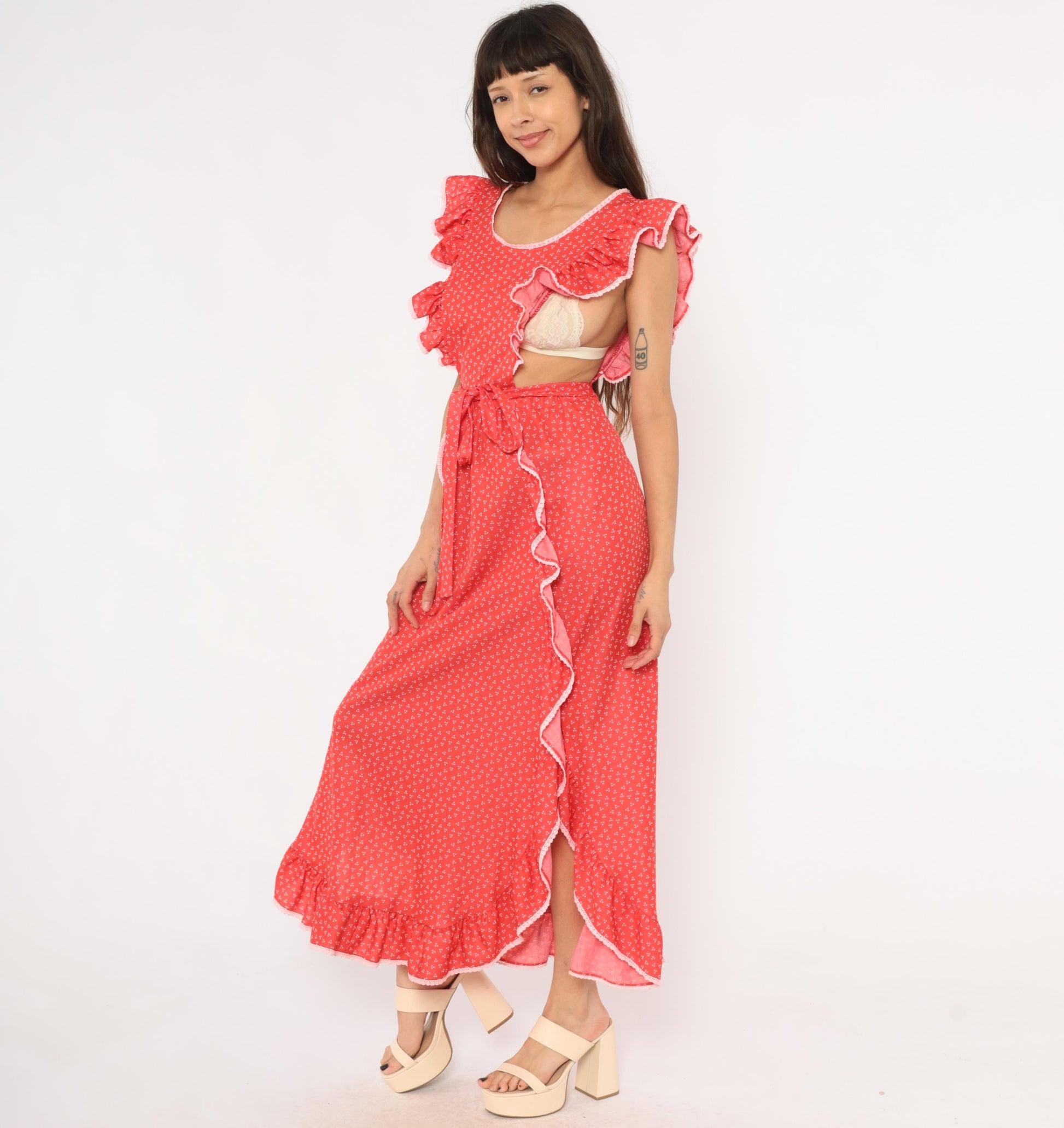 70s Gay Gibson Red Calico Maxi Dress Flutter Sleeve Lace Trim Small