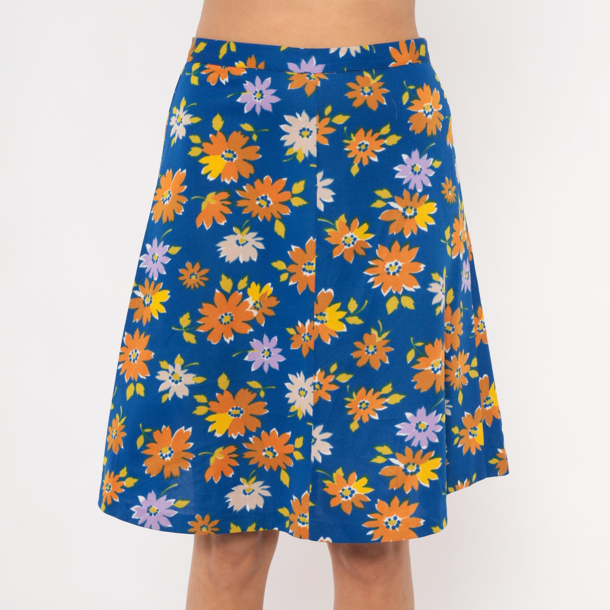 70s Cobalt Blue Daisy Print A-Line Mini Skirt Floral Small S