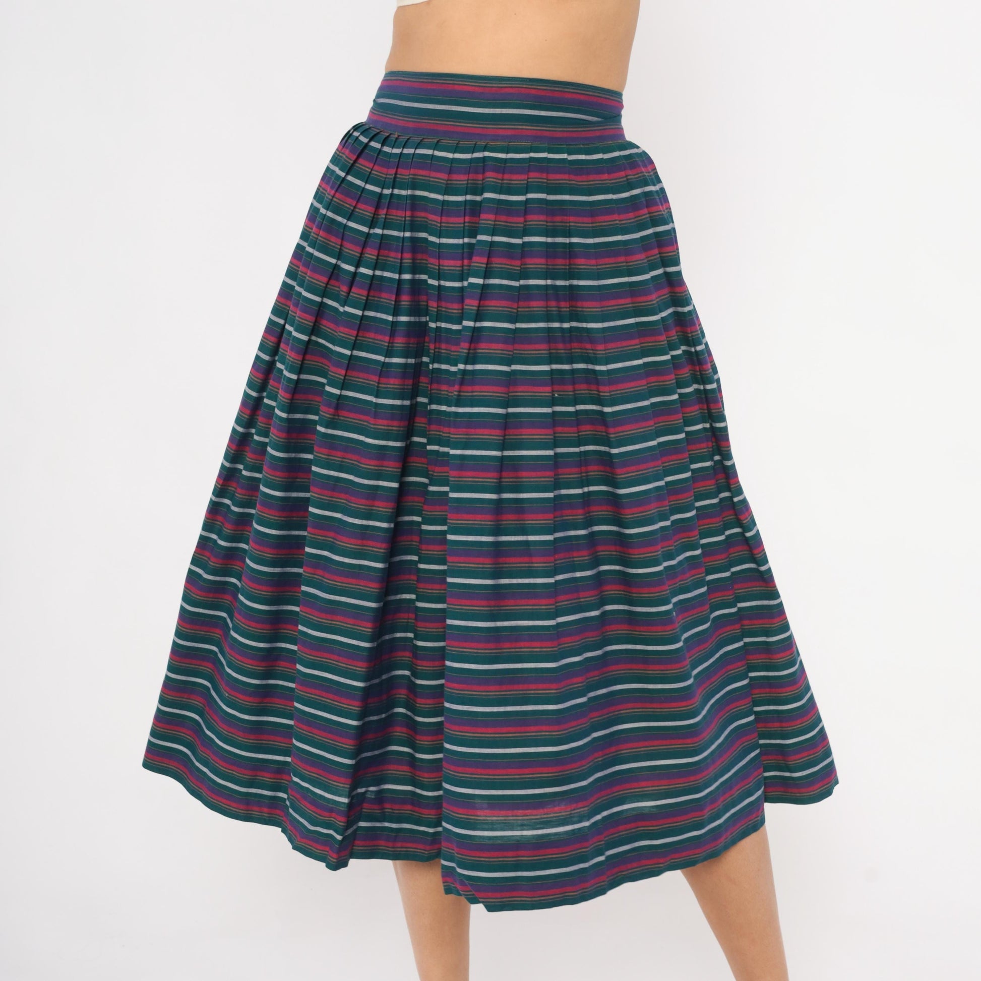 60s Striped Pleated Midi Skirt Teal Burgundy Navy High Waist Cotton Small
