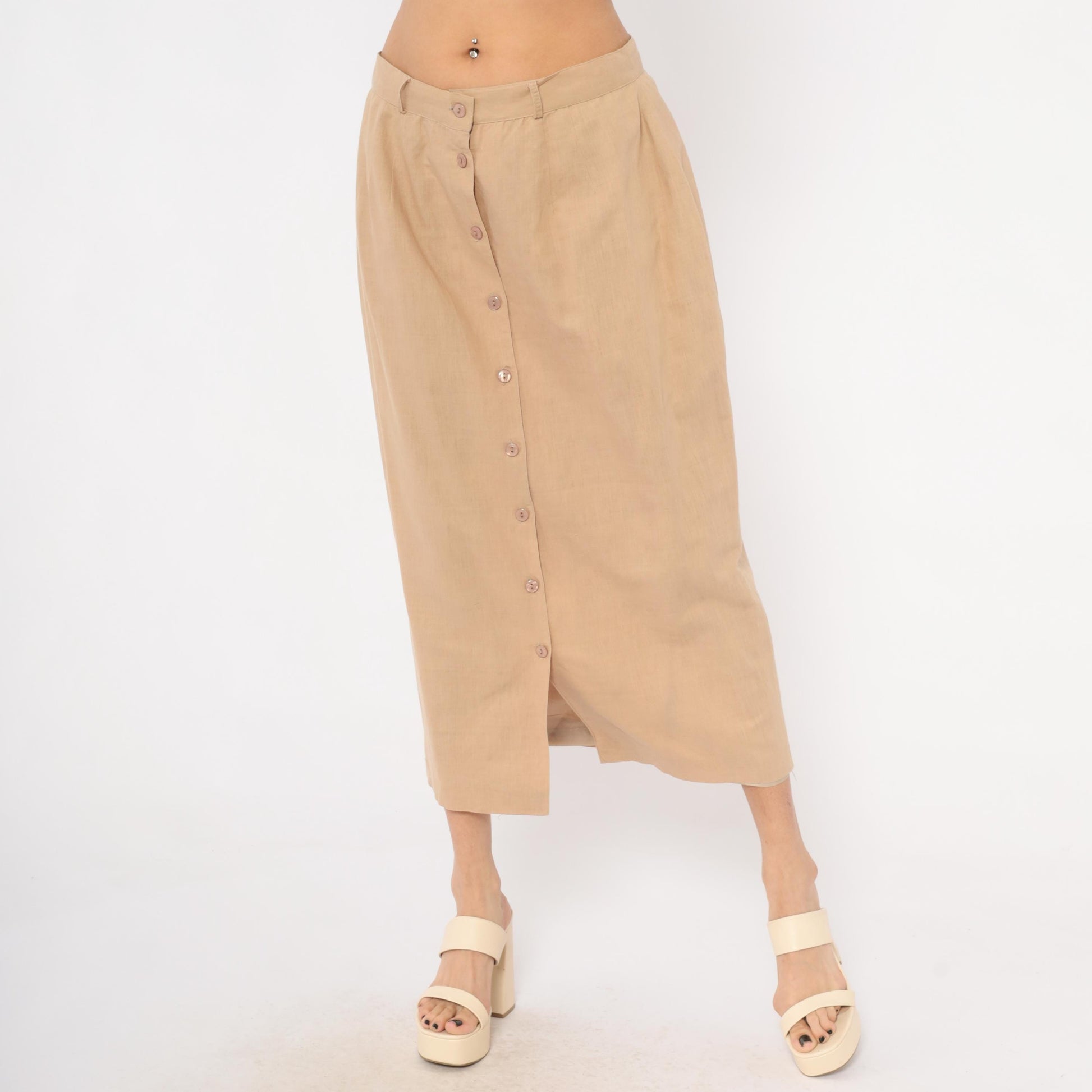 80s Carry Back Tan Linen Midi Skirt Button Front Medium M