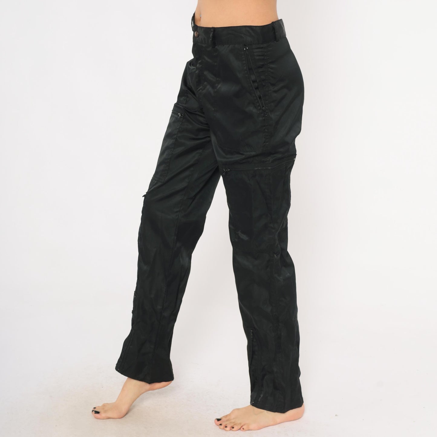 Y2K Black Nylon Cargo Pants Graffiti Low Rise Straight Leg Utility 32 Medium