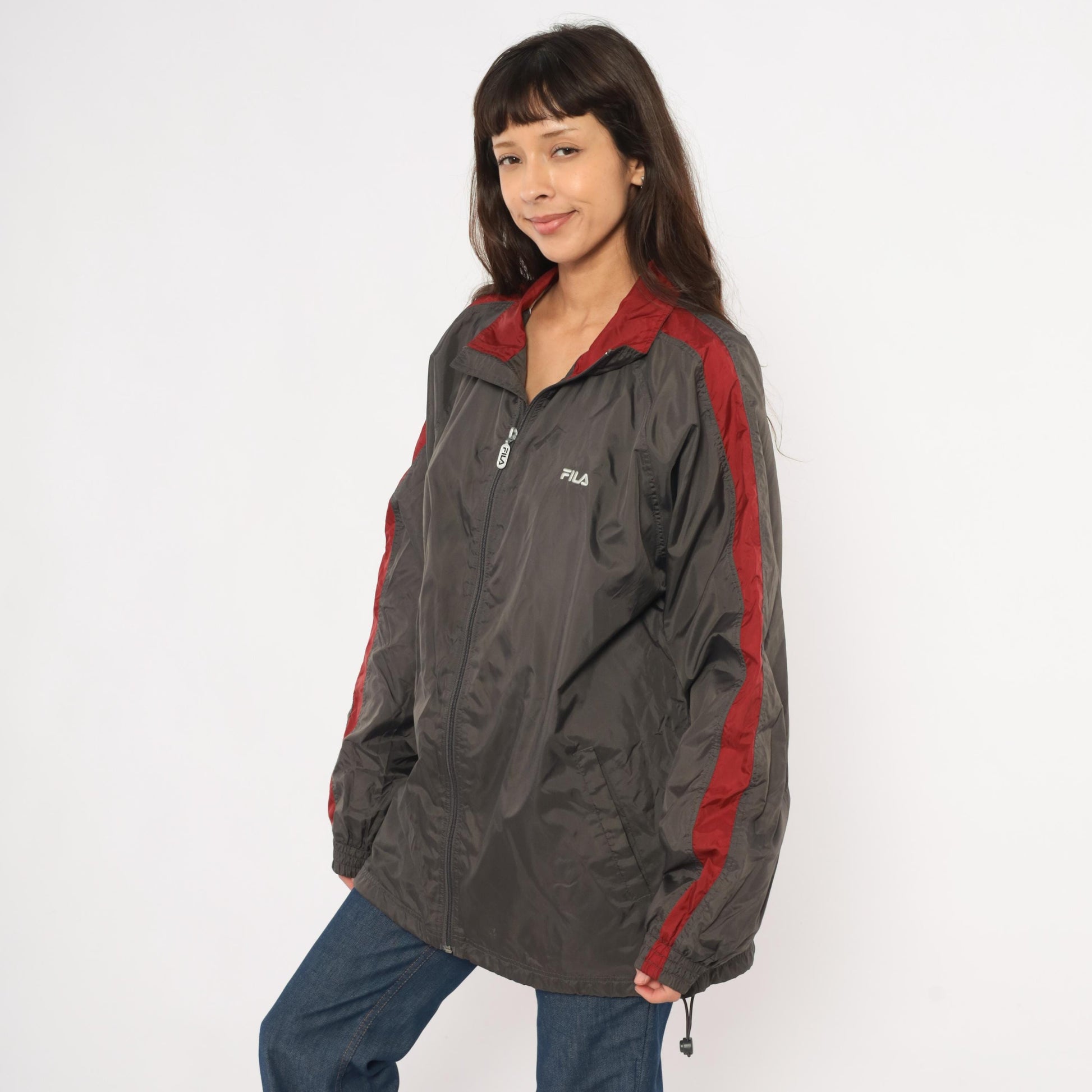 Y2K Fila Windbreaker Charcoal Grey Burgundy Colorblock Track Jacket Large L