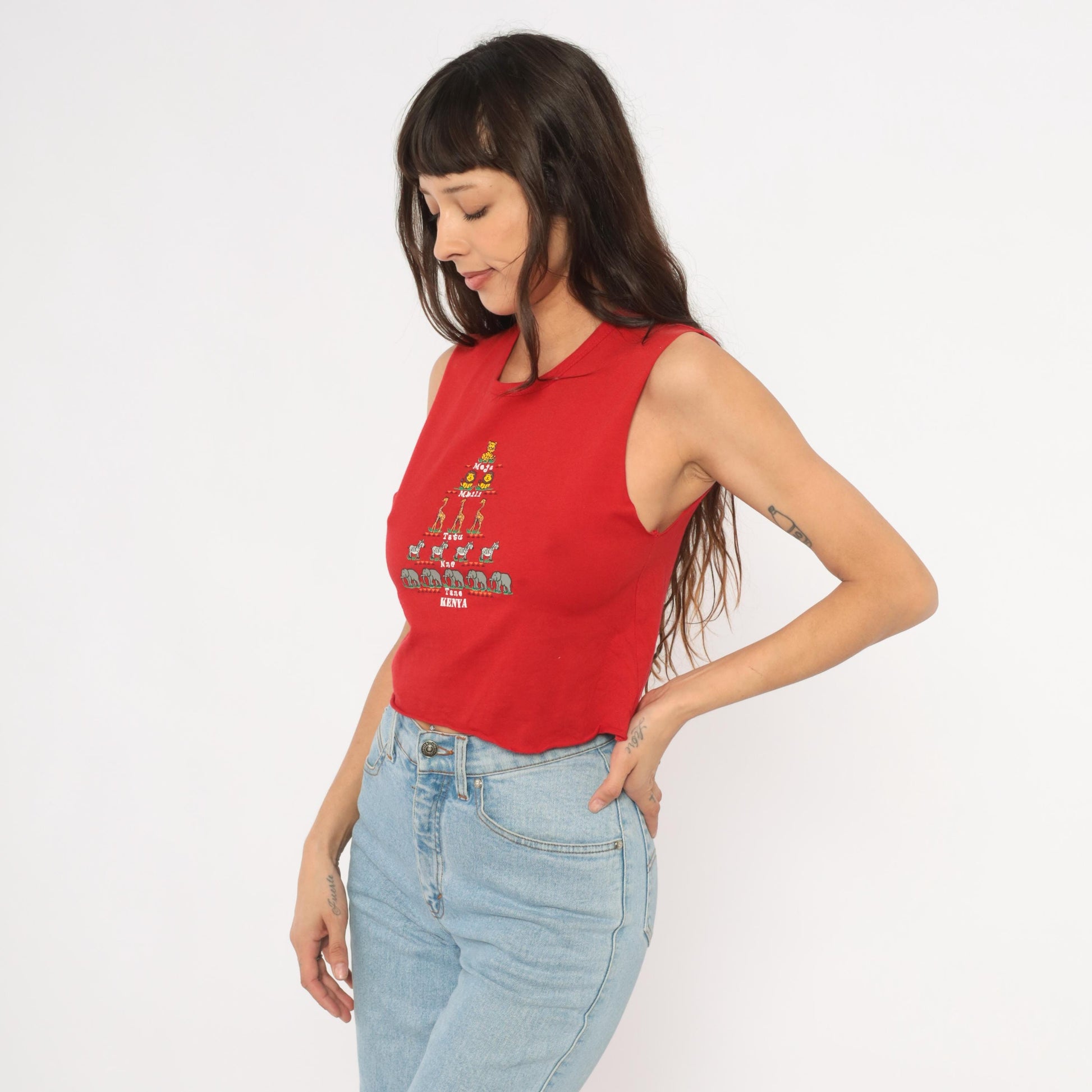 2000s Kenya Safari Animal Crop Tank Red Cotton Swahili Graphic XS