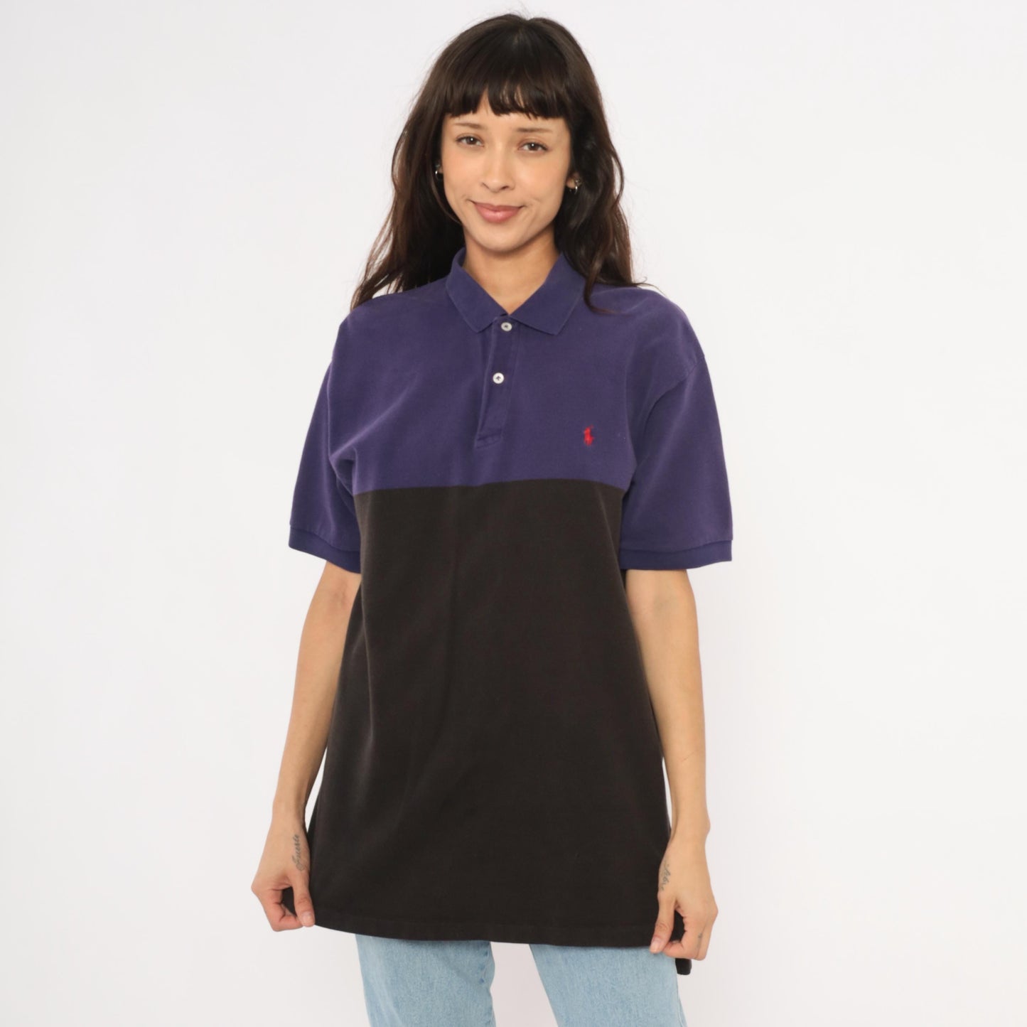 90s Polo by Ralph Lauren Color Block Pique Polo Purple Navy Black Cotton Large L