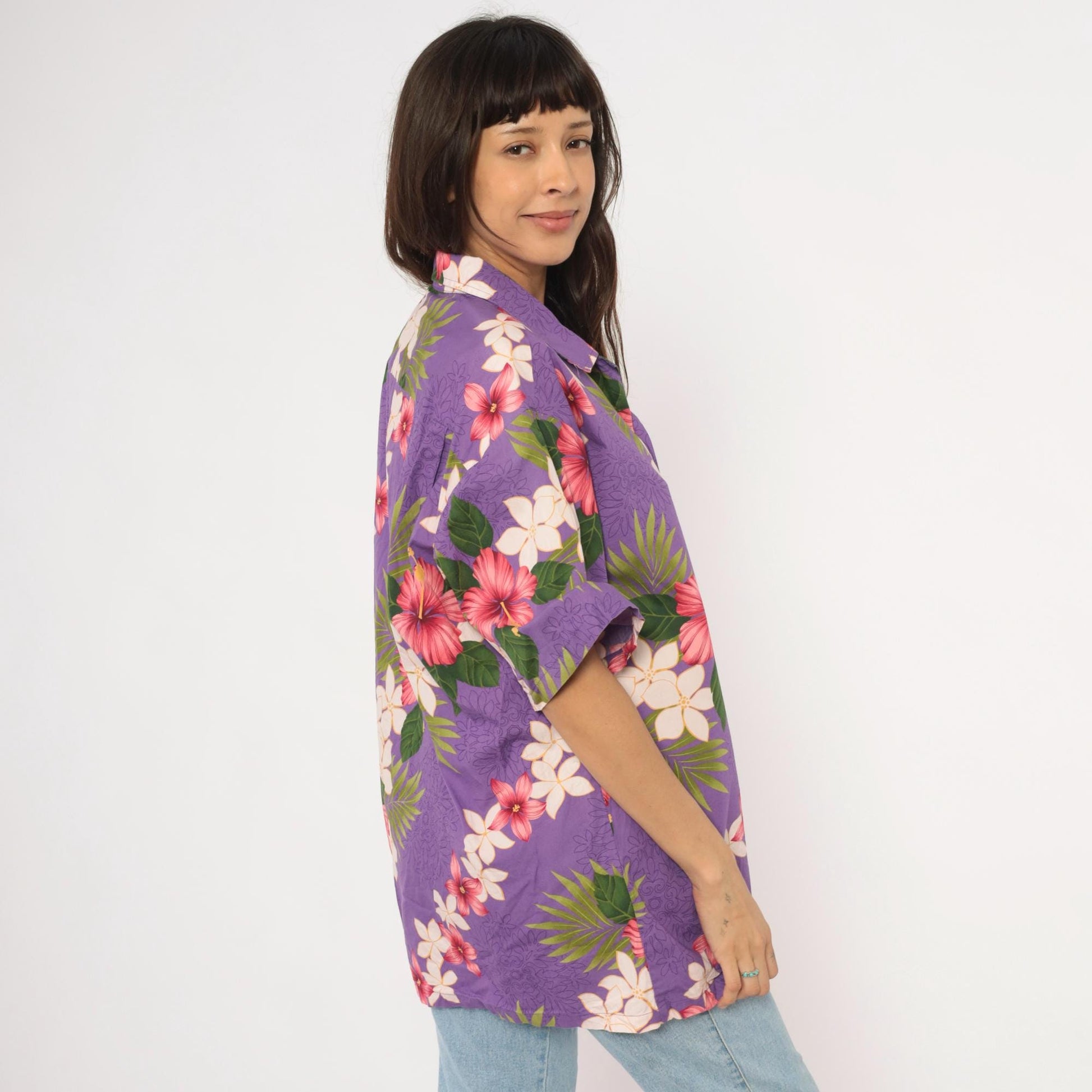 90s Purple Hawaiian Shirt Tropical Floral Hibiscus Plumeria Cotton Extra Large XL